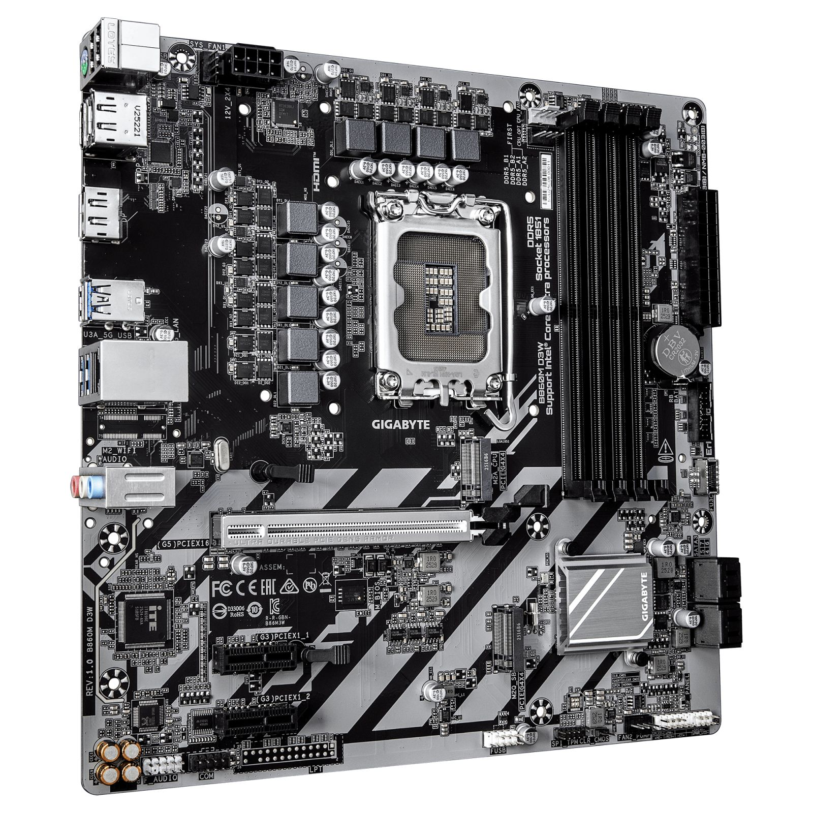 A black Gigabyte motherboard with silver accents, featuring CPU socket, RAM slots, and ports.