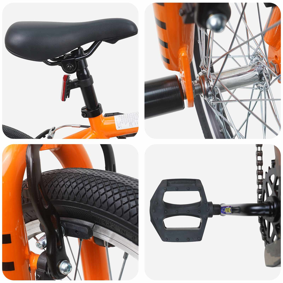 Vier Nahaufnahmen eines orangefarbenen Fahrrads: Sattel, Vorderradnabe, Vorderreifen und Bremse, Pedal und Kette.