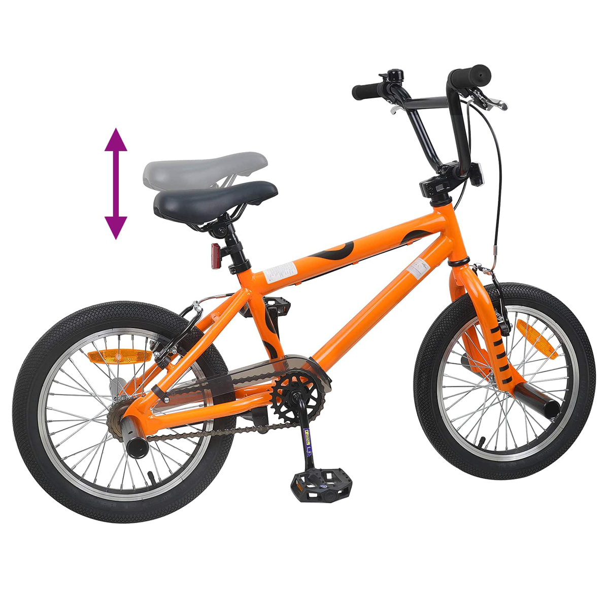 Ein oranges BMX-Fahrrad mit einem schwarzen Sattel und Lenker, auf weißem Hintergrund.