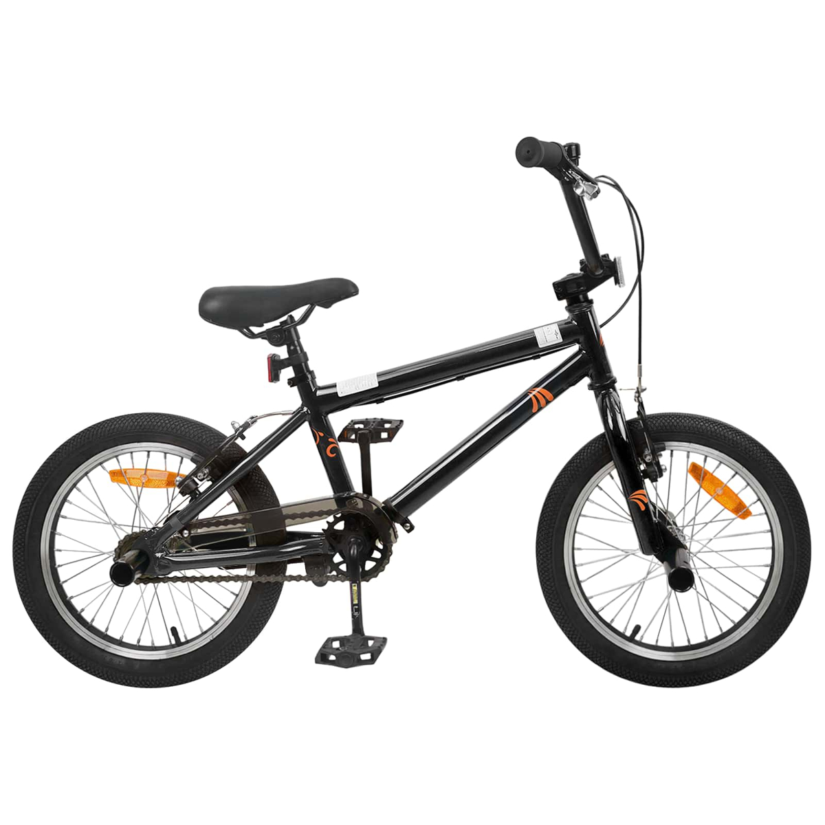 Schwarzes BMX-Rad mit orangen Akzenten und Reflektoren.