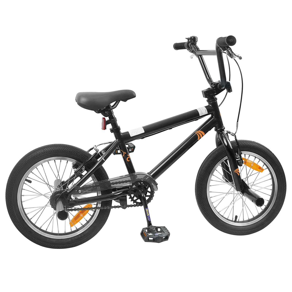 Ein schwarzes BMX-Fahrrad mit orangen Akzenten und Reflektoren auf weißem Hintergrund.