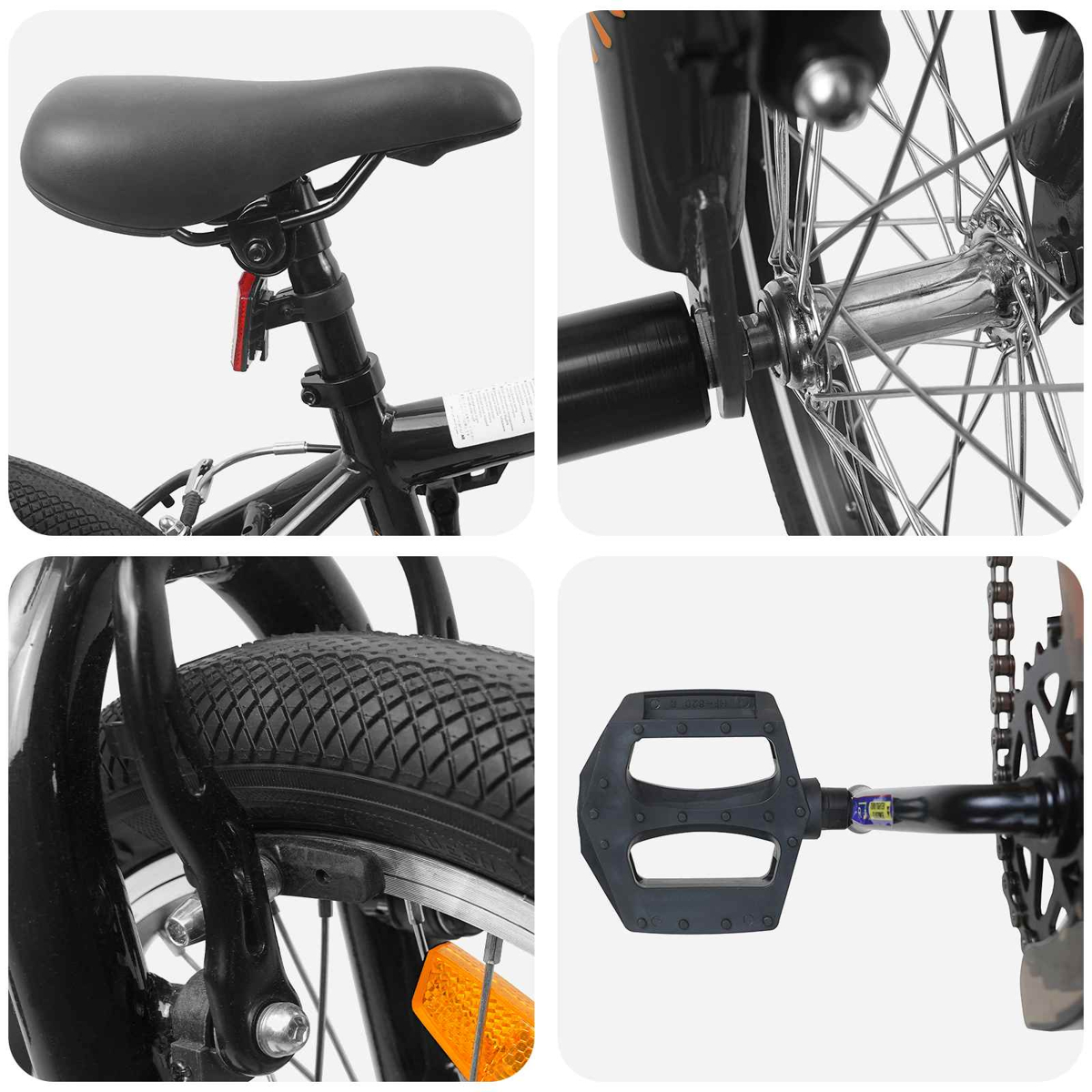 Nahaufnahmen von Fahrradteilen: Sattel, Vorderradnabe, Vorderradbremse und Pedal.