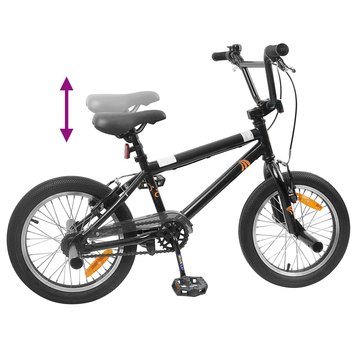 Schwarzes BMX-Rad mit orangefarbenen Akzenten, von der Seite gezeigt. Sitzhöhenverstellung angezeigt.