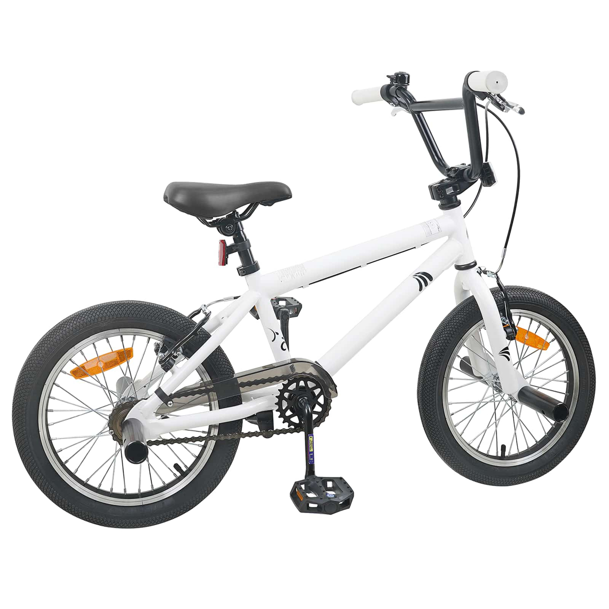 Ein weißes BMX-Rad mit schwarzen Reifen, Sattel und Griffen auf weißem Hintergrund.