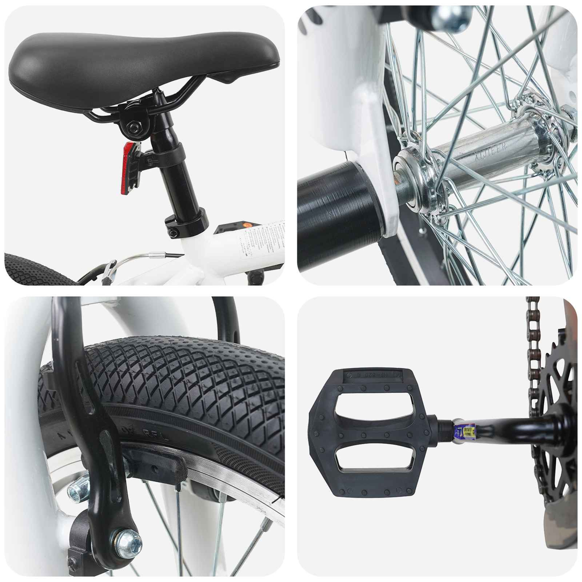 Collage von Fahrradteilen: Sattel, Radspeichen, Bremse, Pedal und Kette.