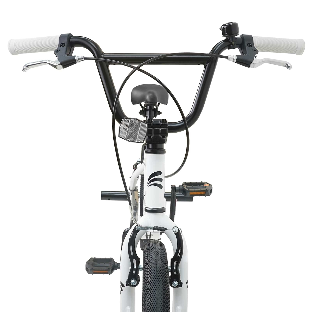 Vorderansicht eines weißen BMX-Rads mit schwarzen Lenkern, Sitz, Pedalen und Felgen.