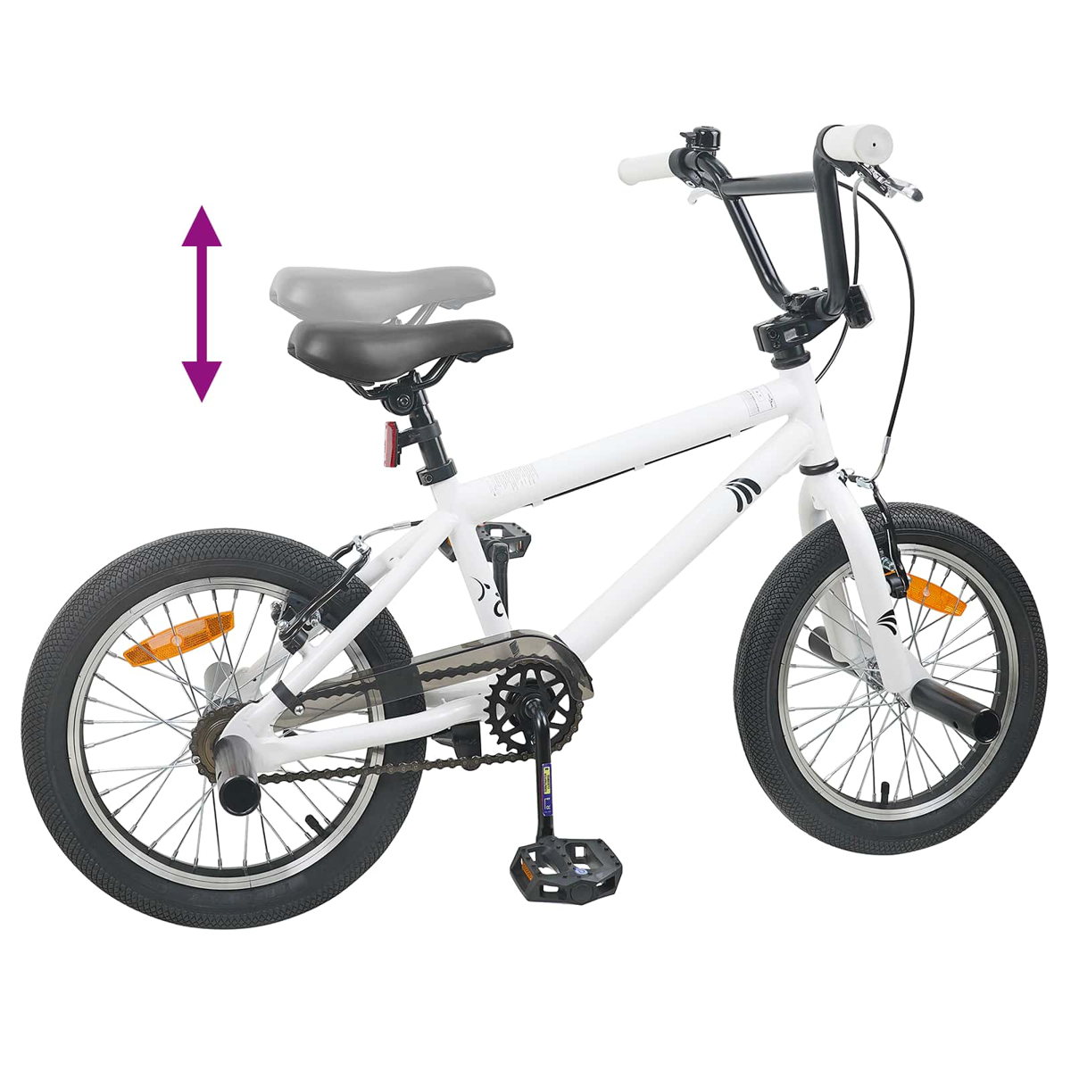 Weißes BMX-Rad mit schwarzen Lenkern, Sitz, Pedalen und Reifen. Sitzhöhe verstellbar.