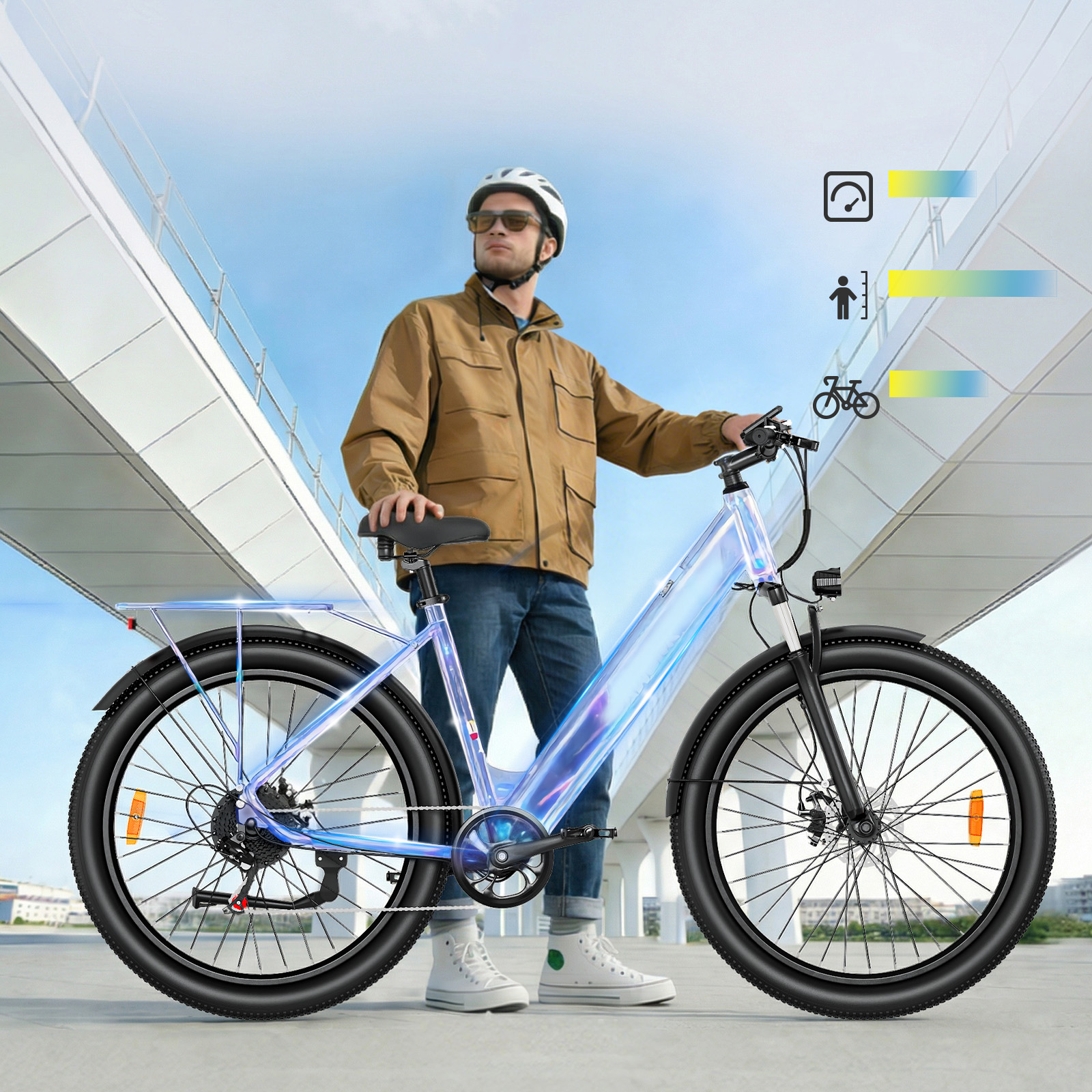 Mann mit Helm und brauner Jacke steht neben einem transparenten E-Bike.