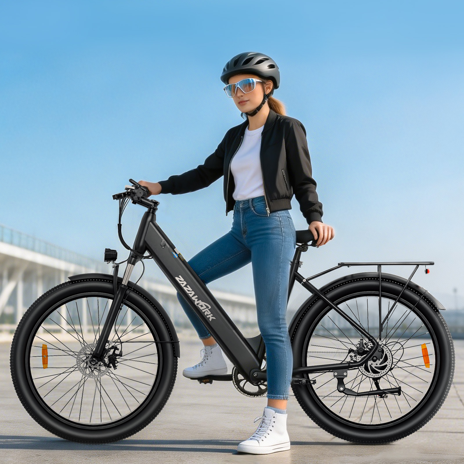 Kobieta w kasku i okularach przeciwsłonecznych siedzi na czarnym rowerze elektrycznym.
