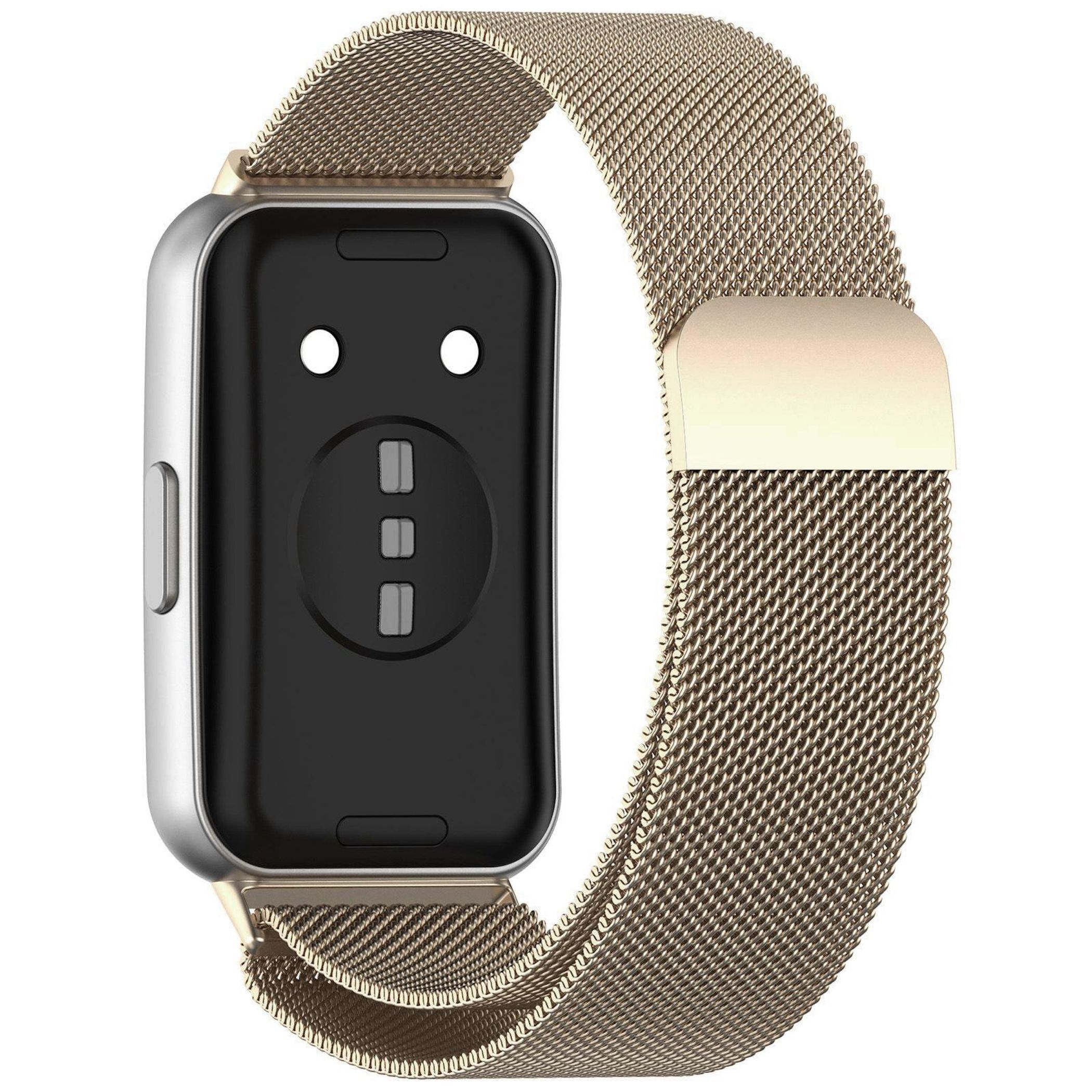 Eine goldene Smartwatch mit einem Mesh-Armband und schwarzem Display.