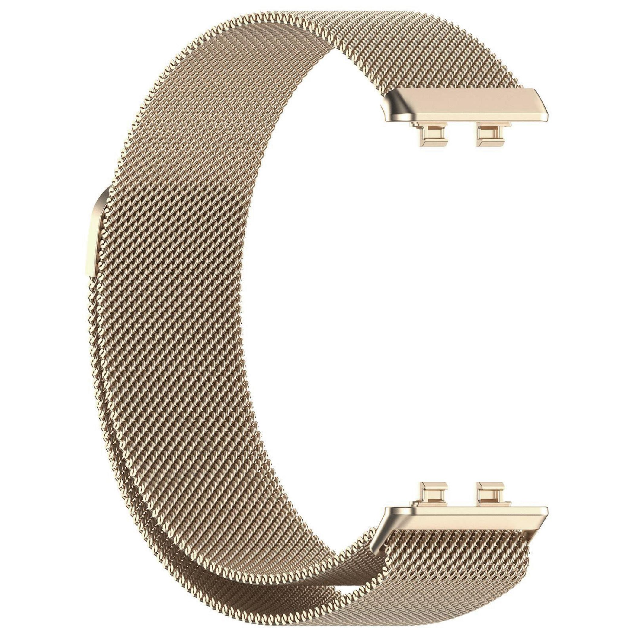 Ein goldfarbenes, milanesisches Armband mit einem Gittermuster auf weißem Hintergrund.