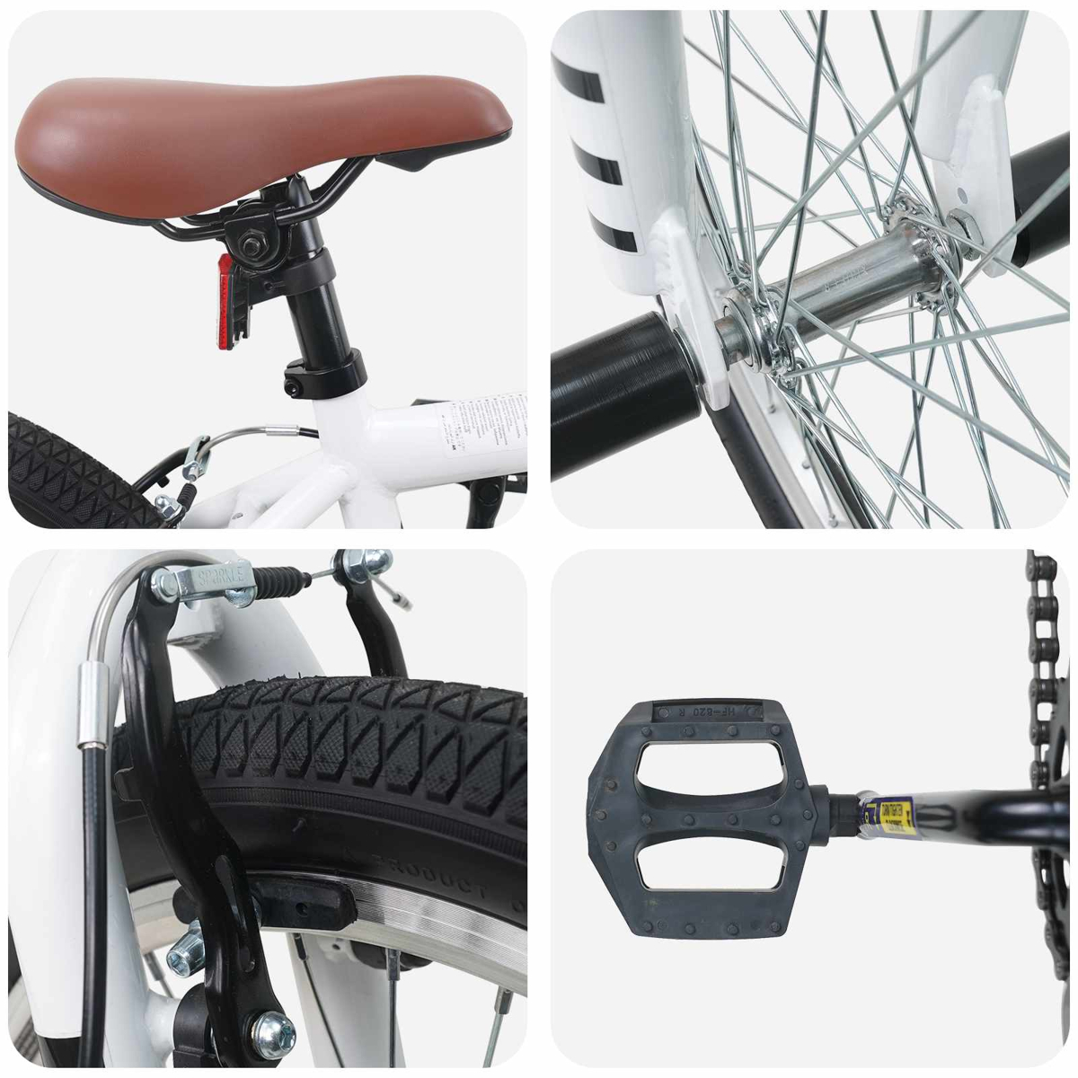 Vier Nahaufnahmen eines weißen Fahrrads: Sattel, Vorderrad, Bremse und Pedal.