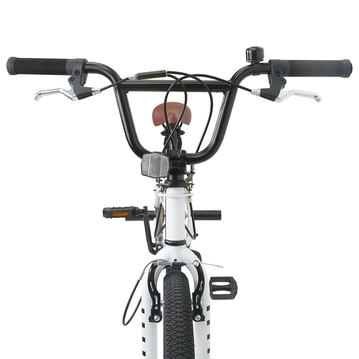 Vorderansicht eines weißen BMX-Fahrrads mit schwarzen Lenkern, Sitz und Felgen.