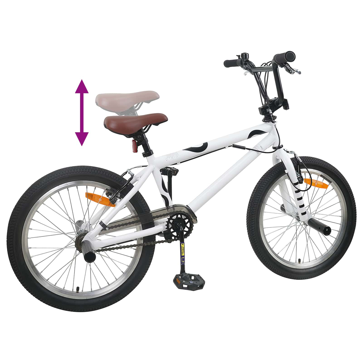 Ein weißes BMX-Rad mit braunem Sattel, Höhenverstellung mit lila Pfeil.