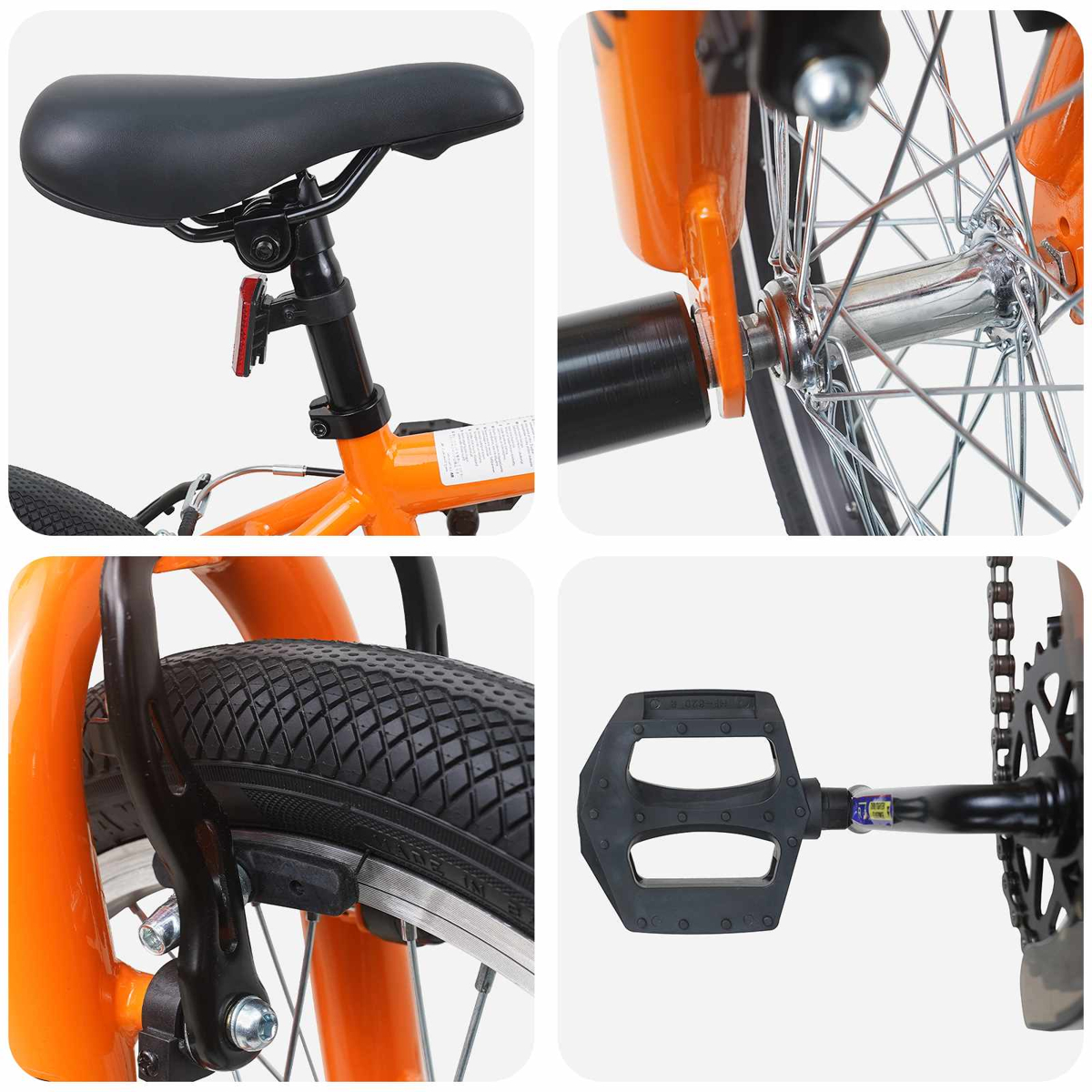 Vier Detailansichten eines orangefarbenen Fahrrads: Sattel, Vorderrad, Bremse und Pedal.