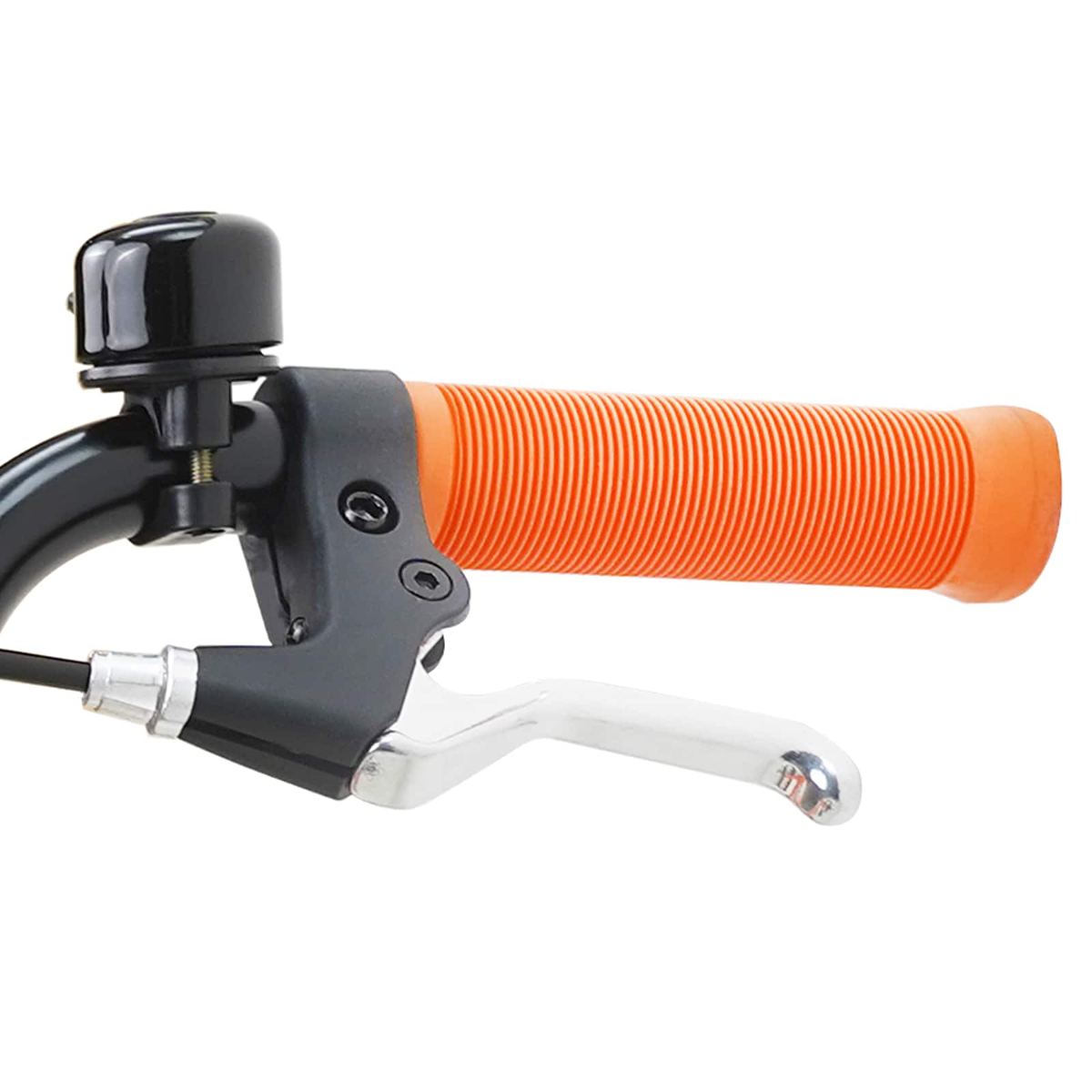 Ein Fahrradlenker mit einem schwarzen Klingel und einem orangefarbenen Griff.