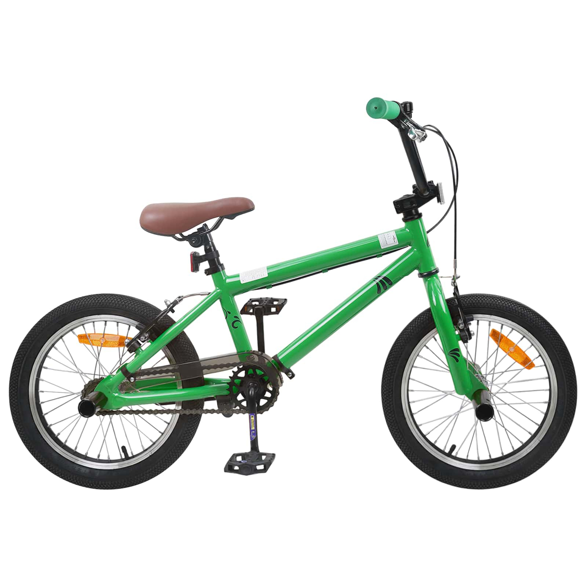 Ein grünes BMX-Rad mit braunem Sattel, schwarzen Reifen und Pedalen.