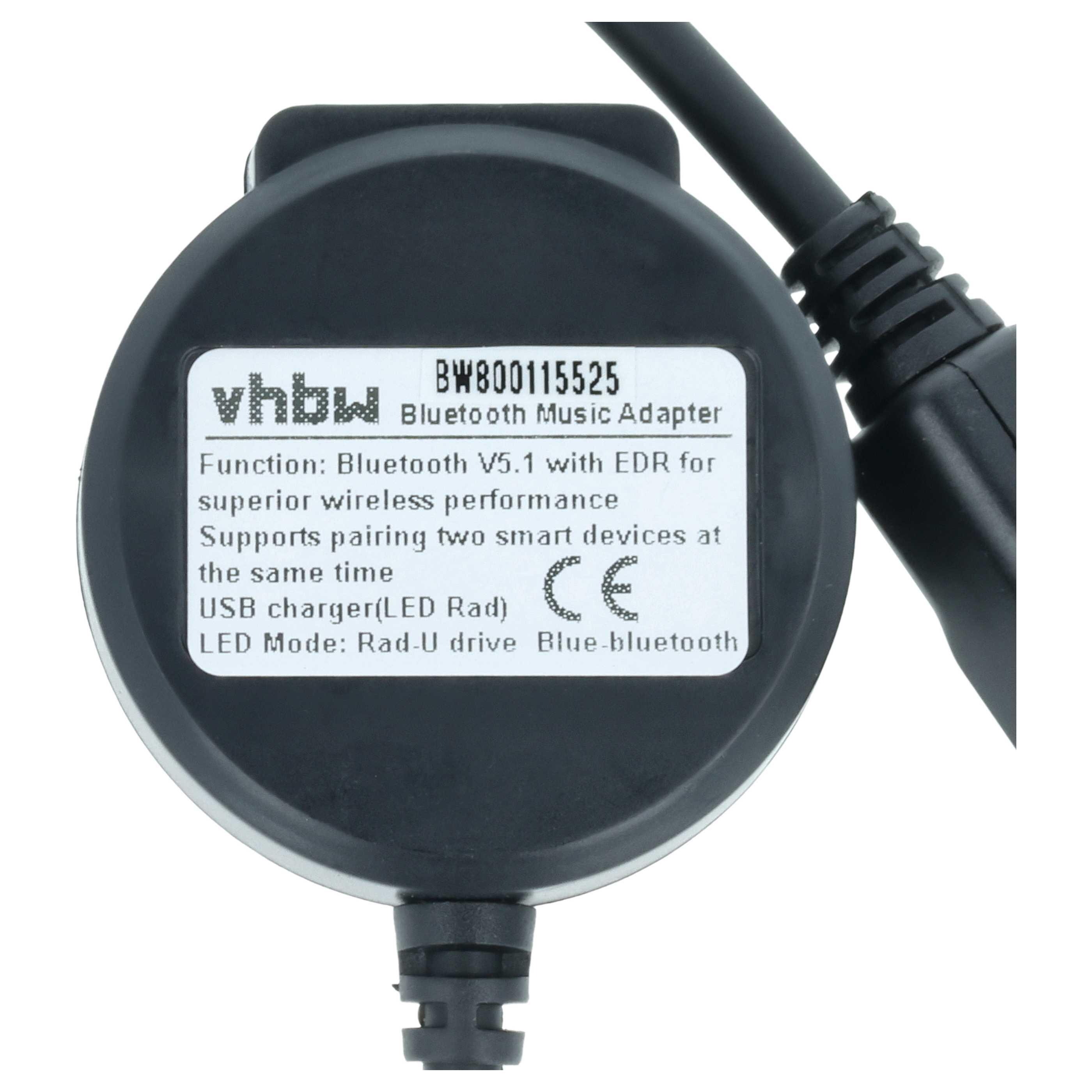 Ein schwarzer Bluetooth-Musikadapter mit Kabel und CE-Zeichen.