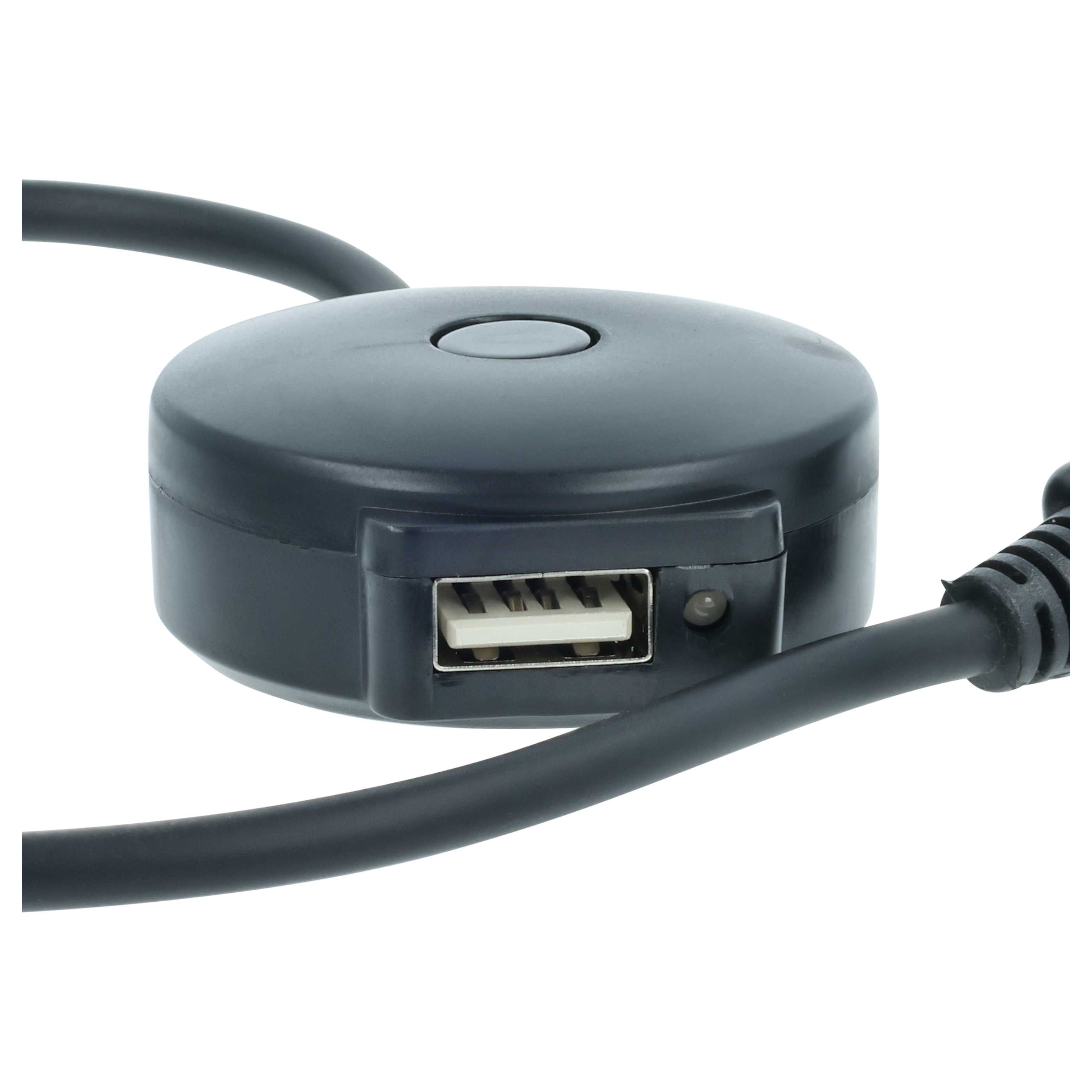 Ein schwarzes USB-Hub mit einem grauen Knopf und einem USB-Anschluss.