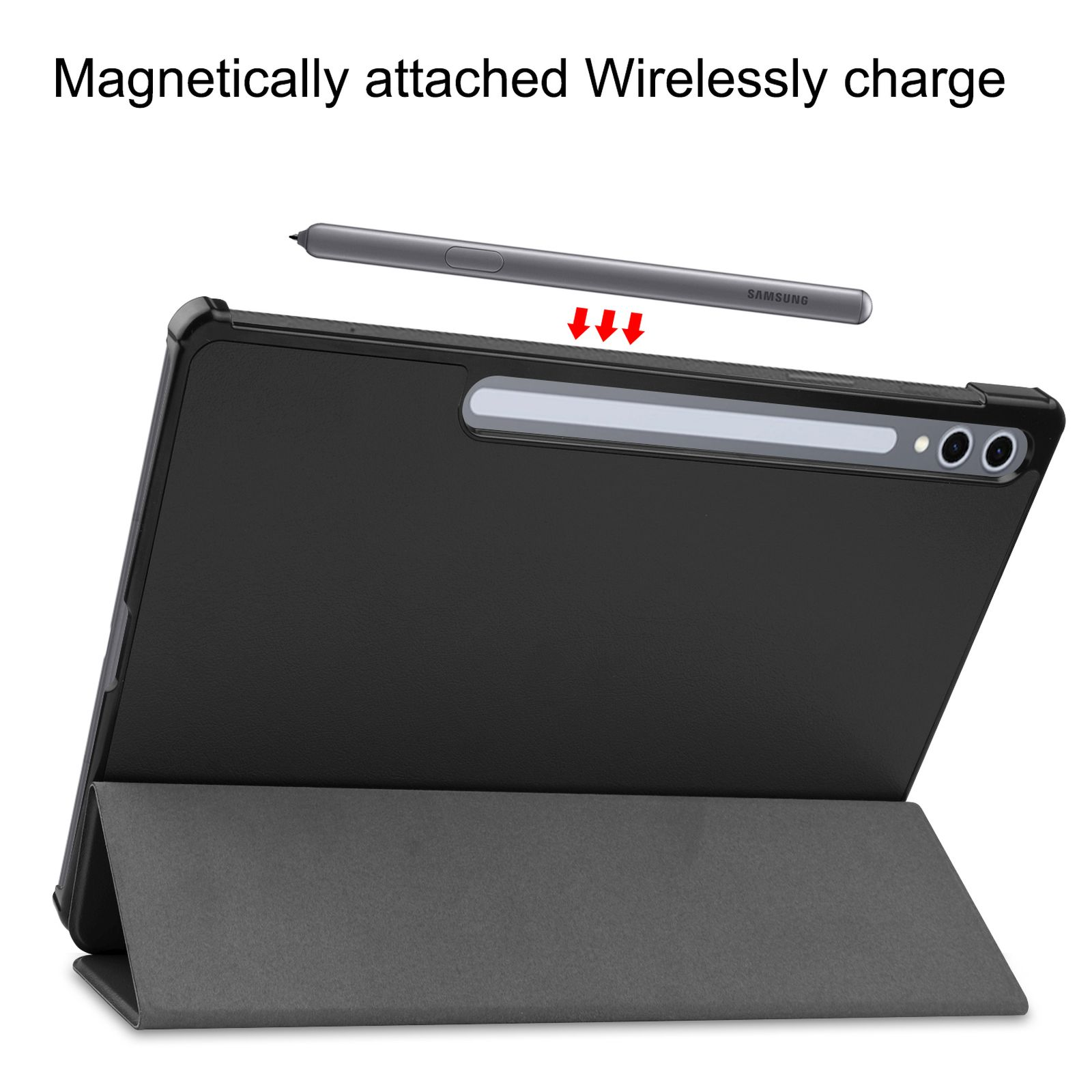 Uno stilo grigio fluttua sopra un tablet nero con custodia grigia.