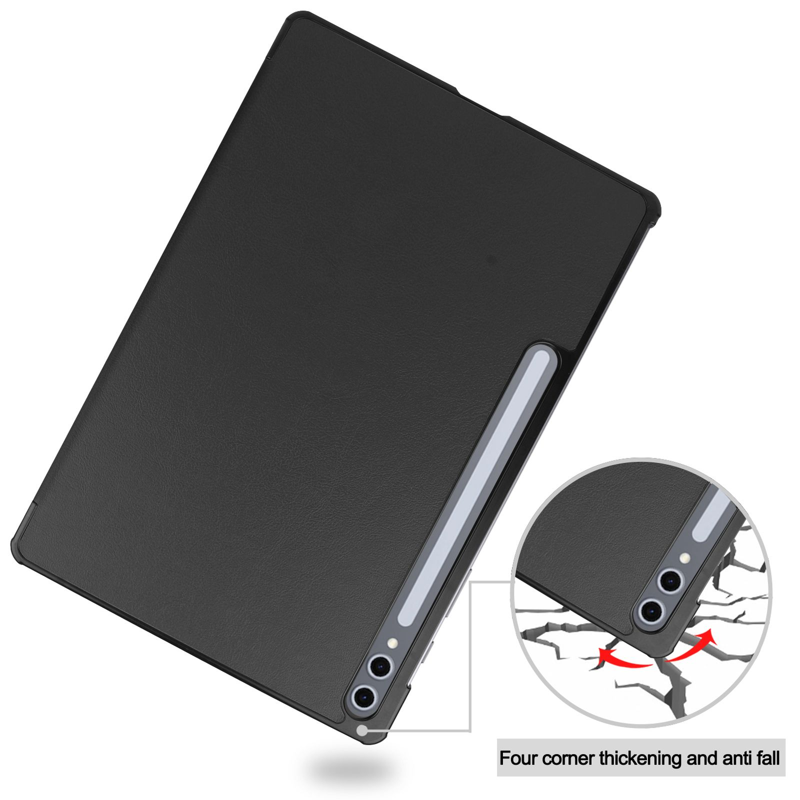 Custodia nera per tablet con angoli arrotondati e due fotocamere posteriori.