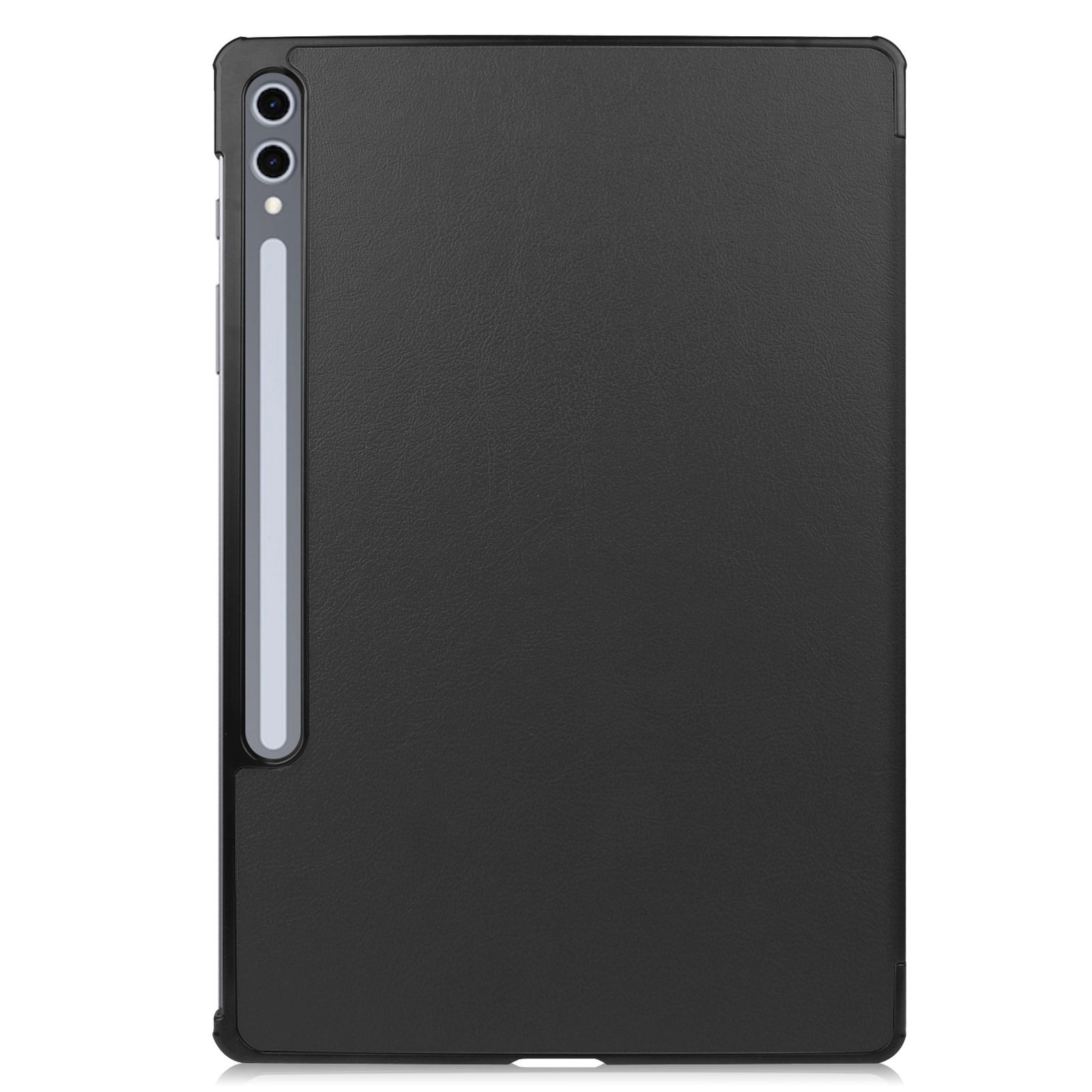 Custodia nera per tablet con portapenne e ritaglio fotocamera.