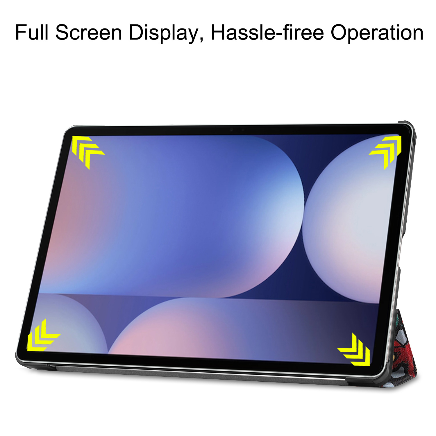Tablet in custodia con display a schermo intero e indicatori angolari gialli.