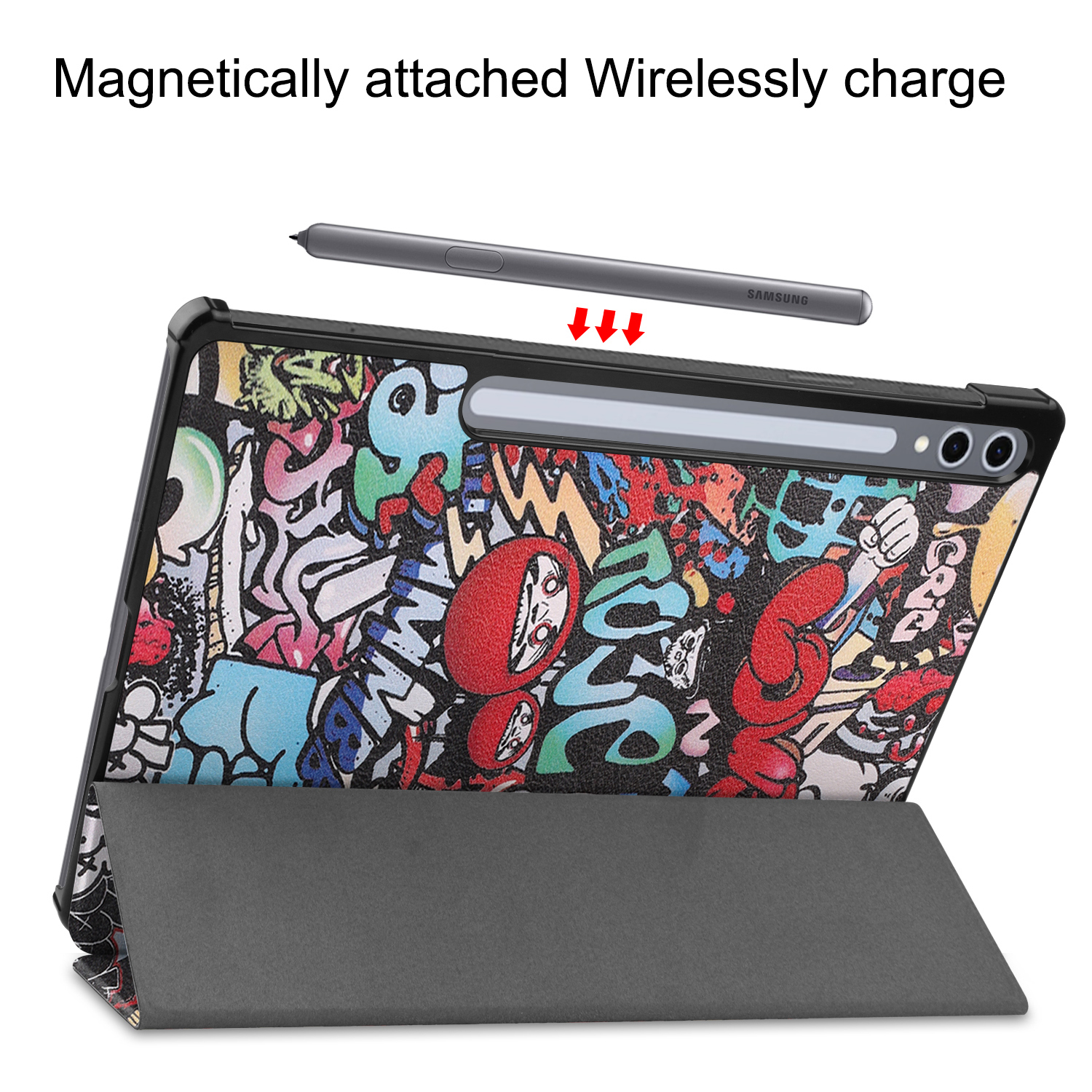 Un tablet con retro graffiti colorato e stilo a ricarica magnetica.