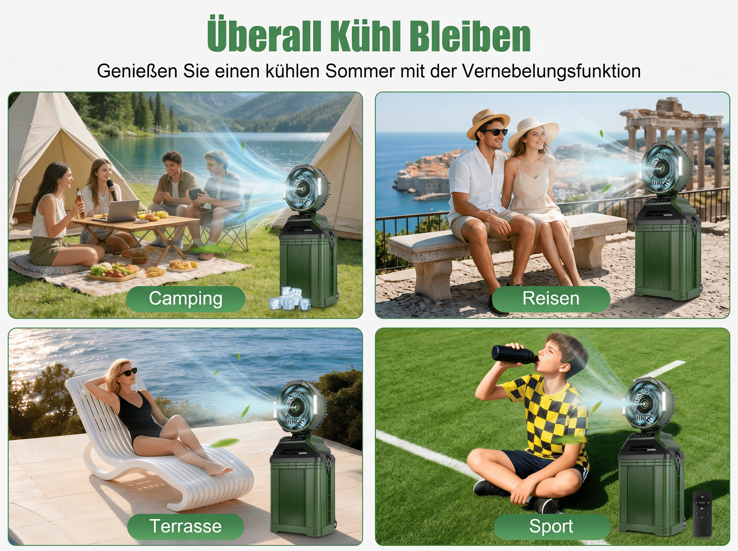 Vier Szenen: Camping, Reisen, Terrasse, Sport, mit Kühlfunktion.