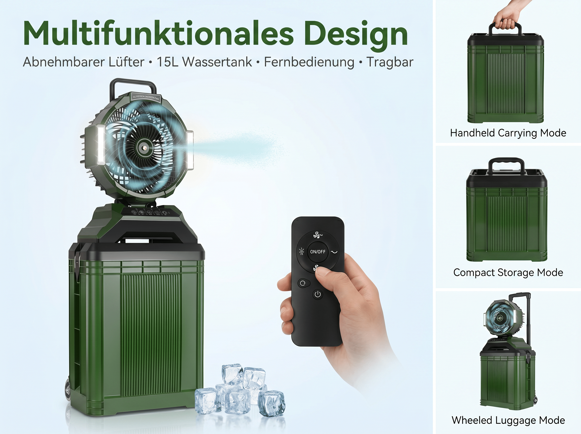 Grüner Multifunktionslüfter mit Fernbedienung, Eiswürfeln und Rädern.