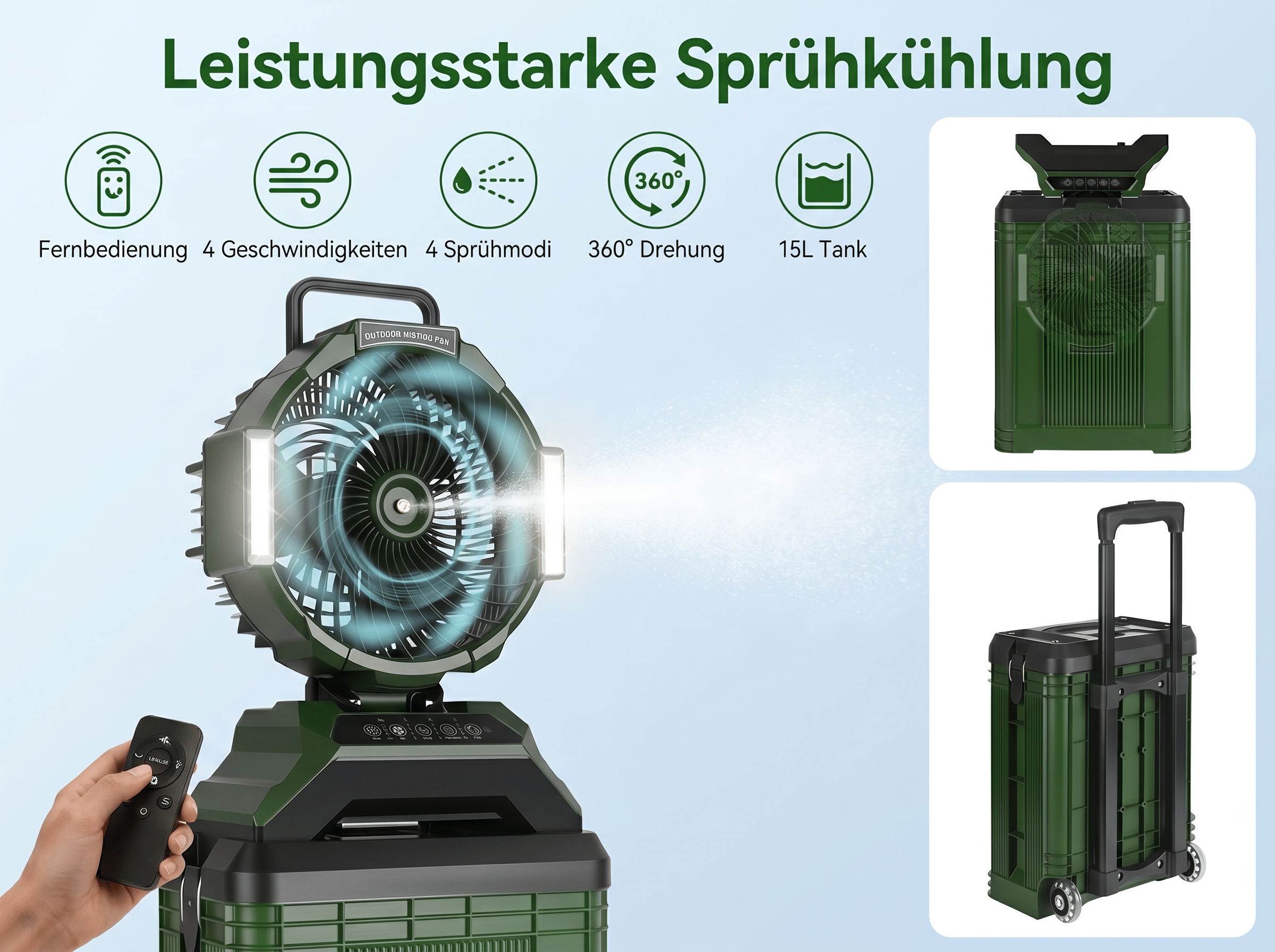 Grüner Nebellüfter mit Fernbedienung, 4 Geschwindigkeiten, 360° Drehung.