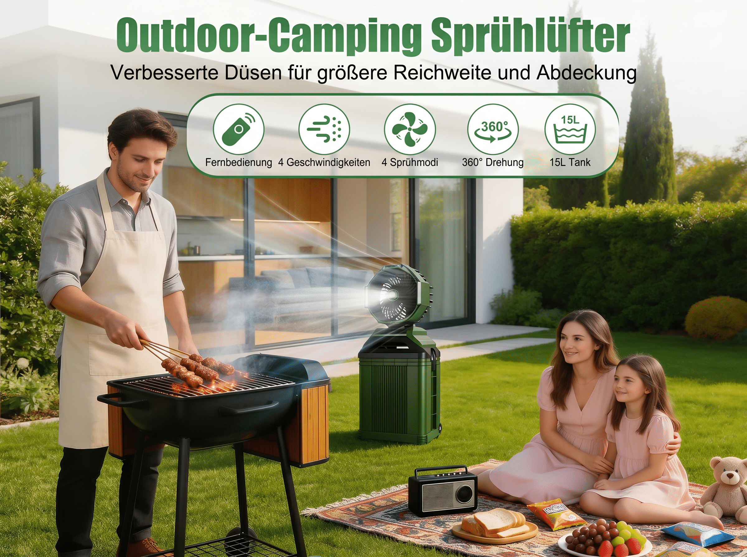 Mann grillt Kebabs, Familie picknickt, Sprühlüfter im Garten.