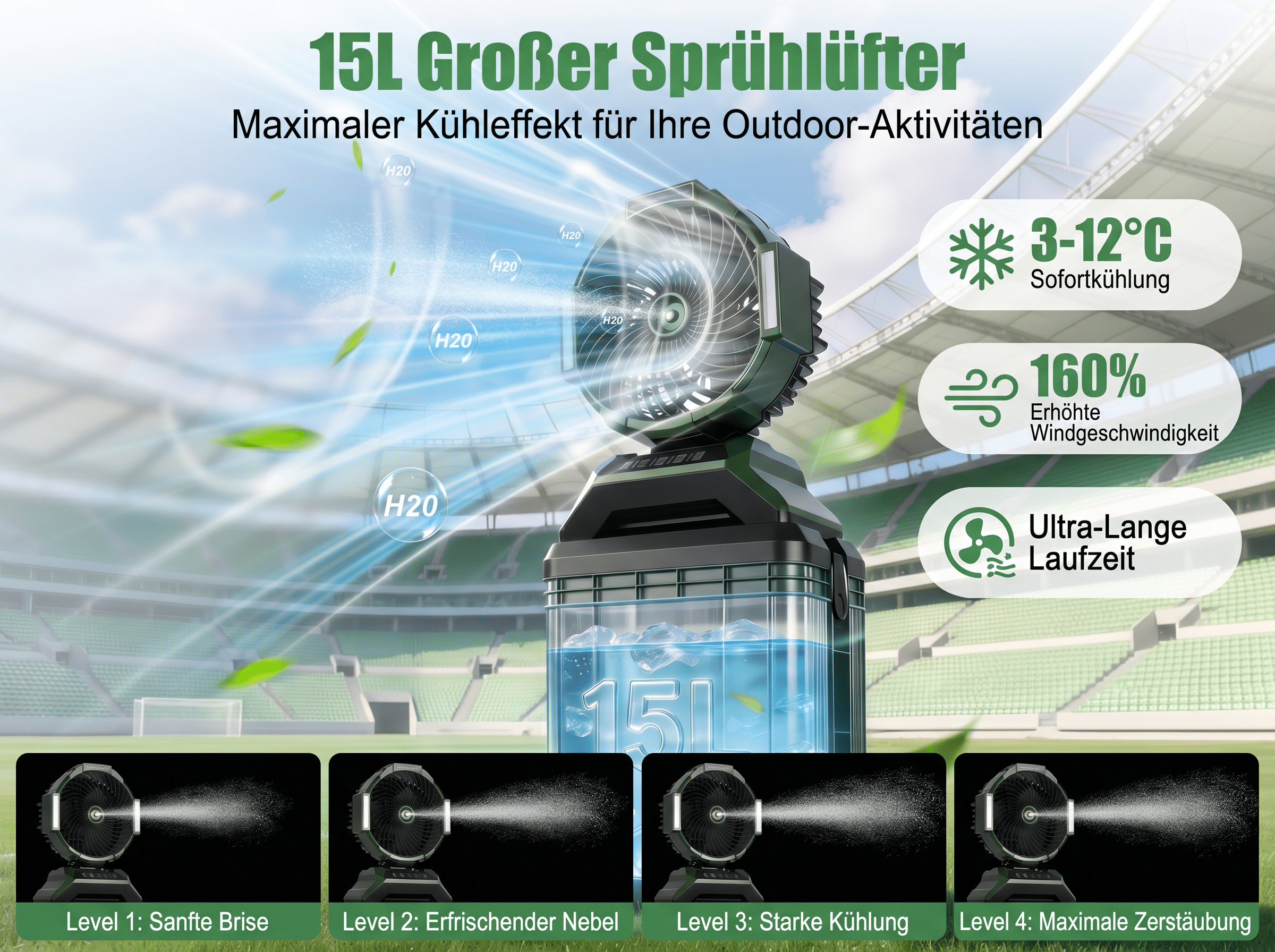 Ein grüner Sprühventilator mit 15L Tank und Eiswürfeln vor einem Stadion.