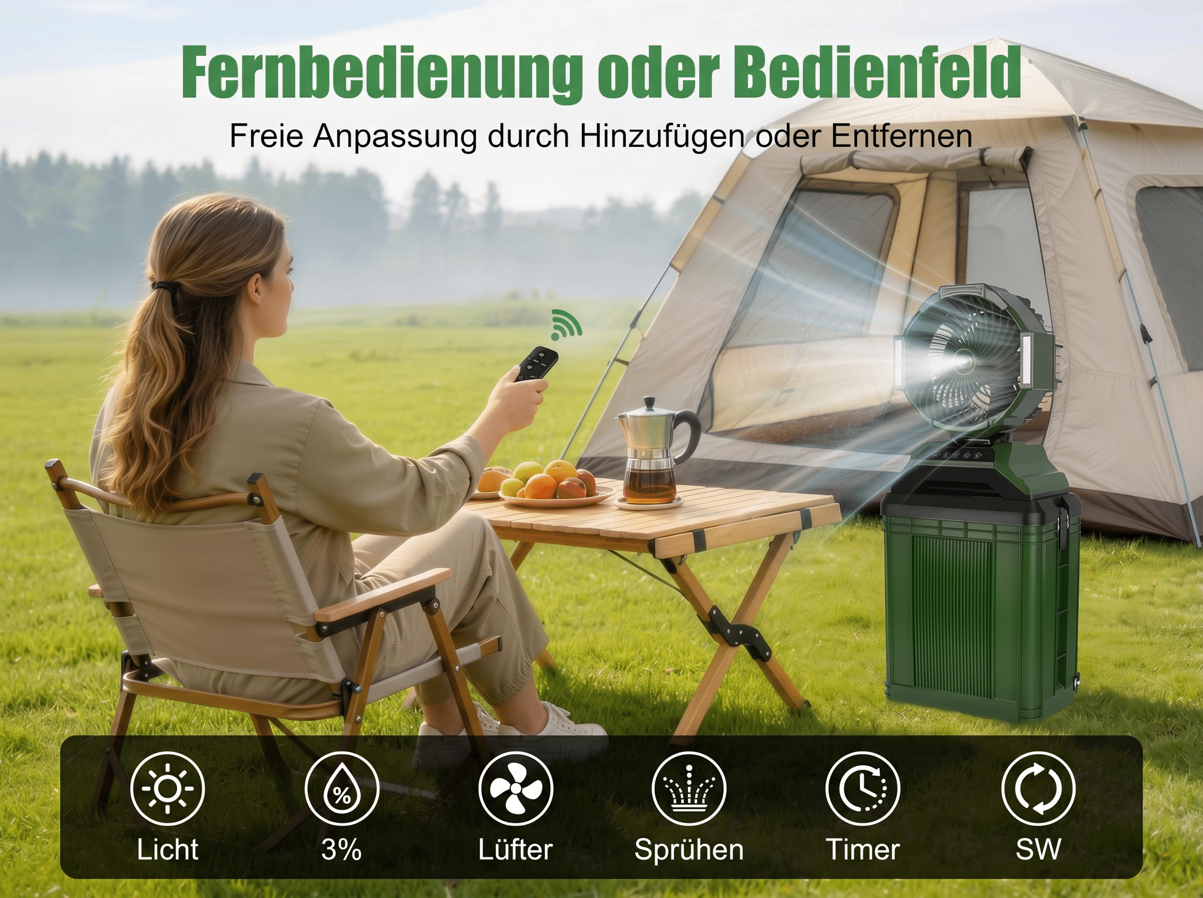 Frau bedient Campinglüfter mit Fernbedienung neben Zelt und Tisch.