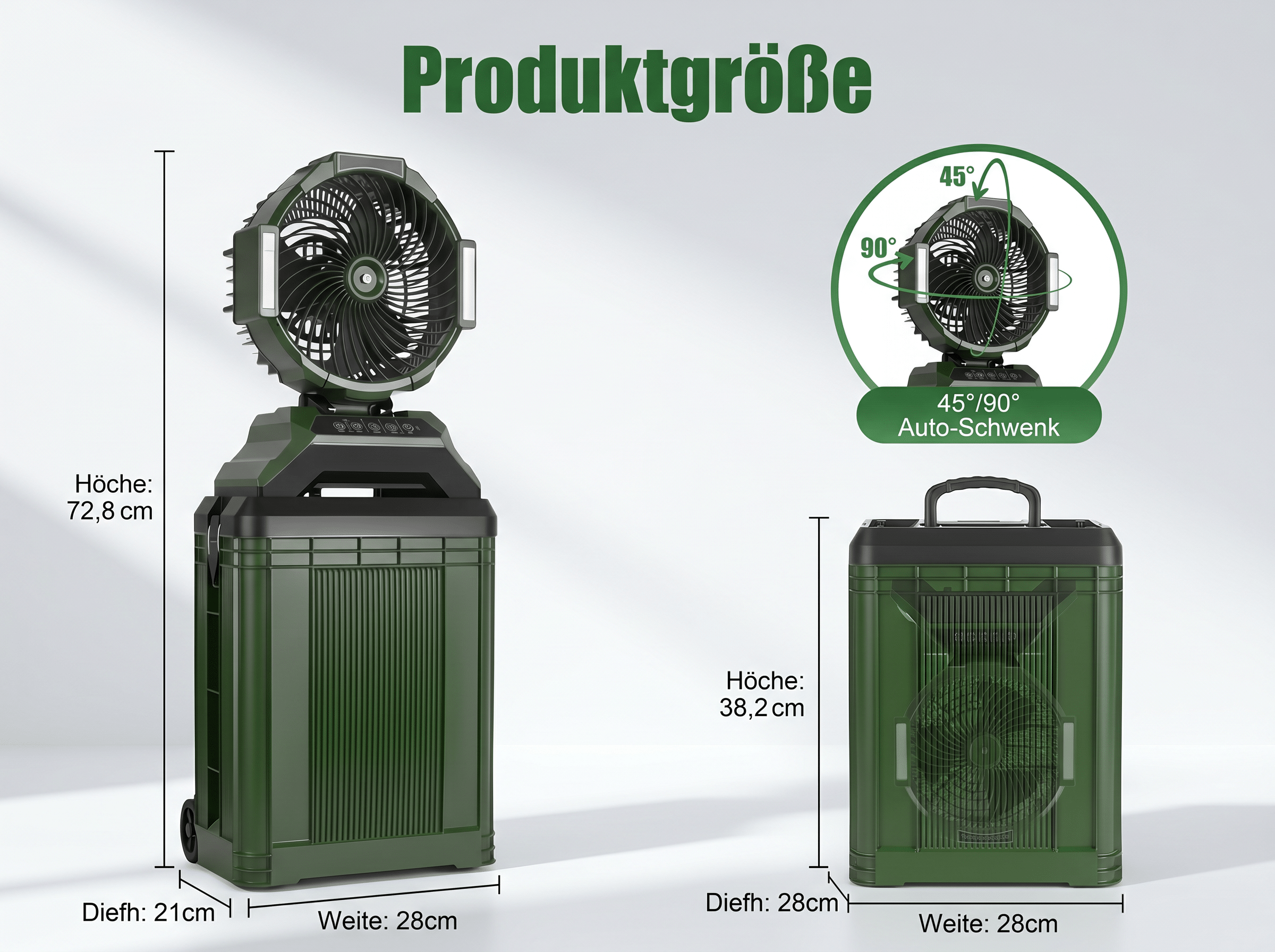 Produktgrößenanzeige: Ein großer und ein kleiner grüner Ventilator mit Maßen.