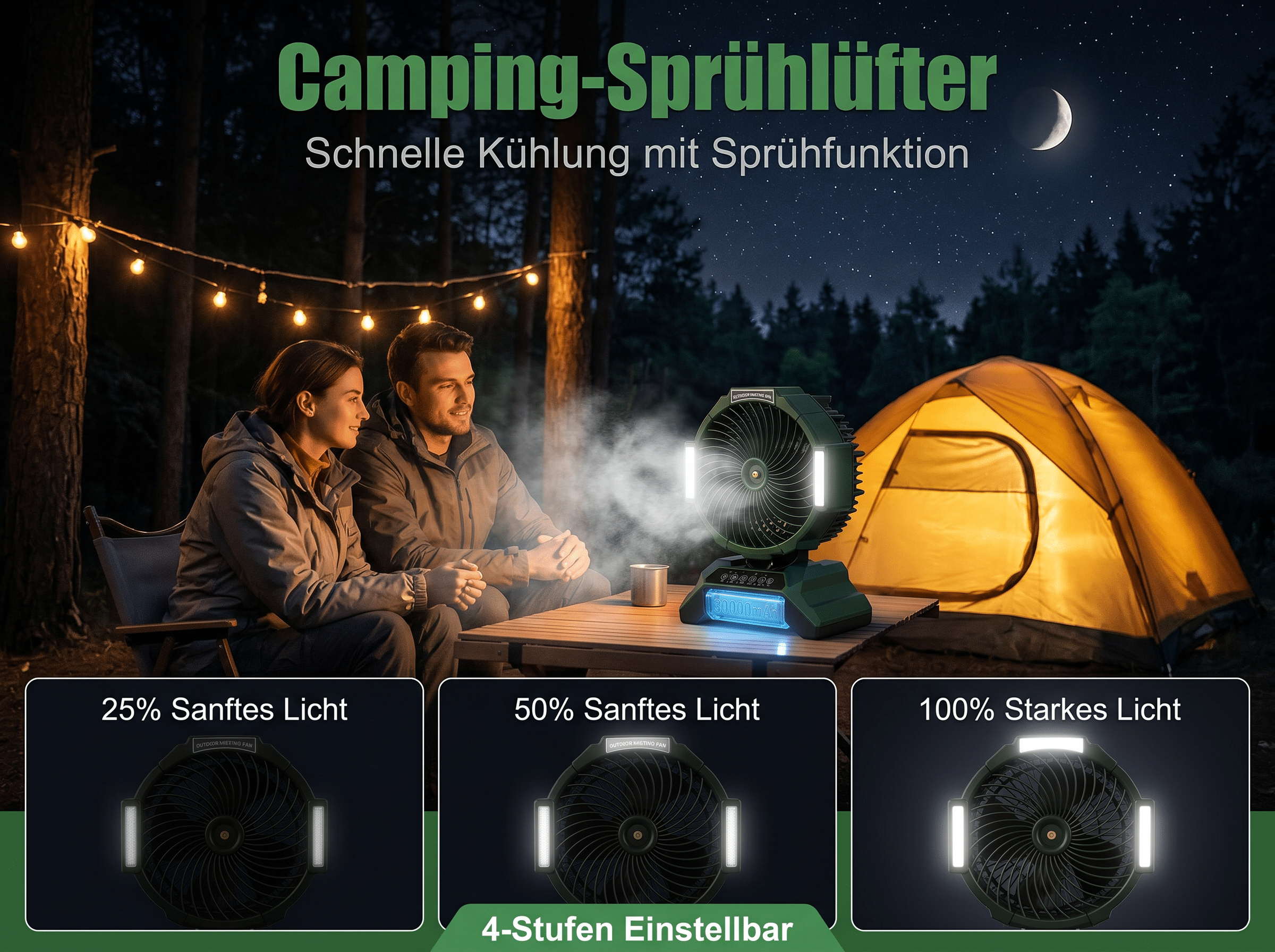 Ein Paar campt nachts bei Mondschein neben einem beleuchteten Zelt.