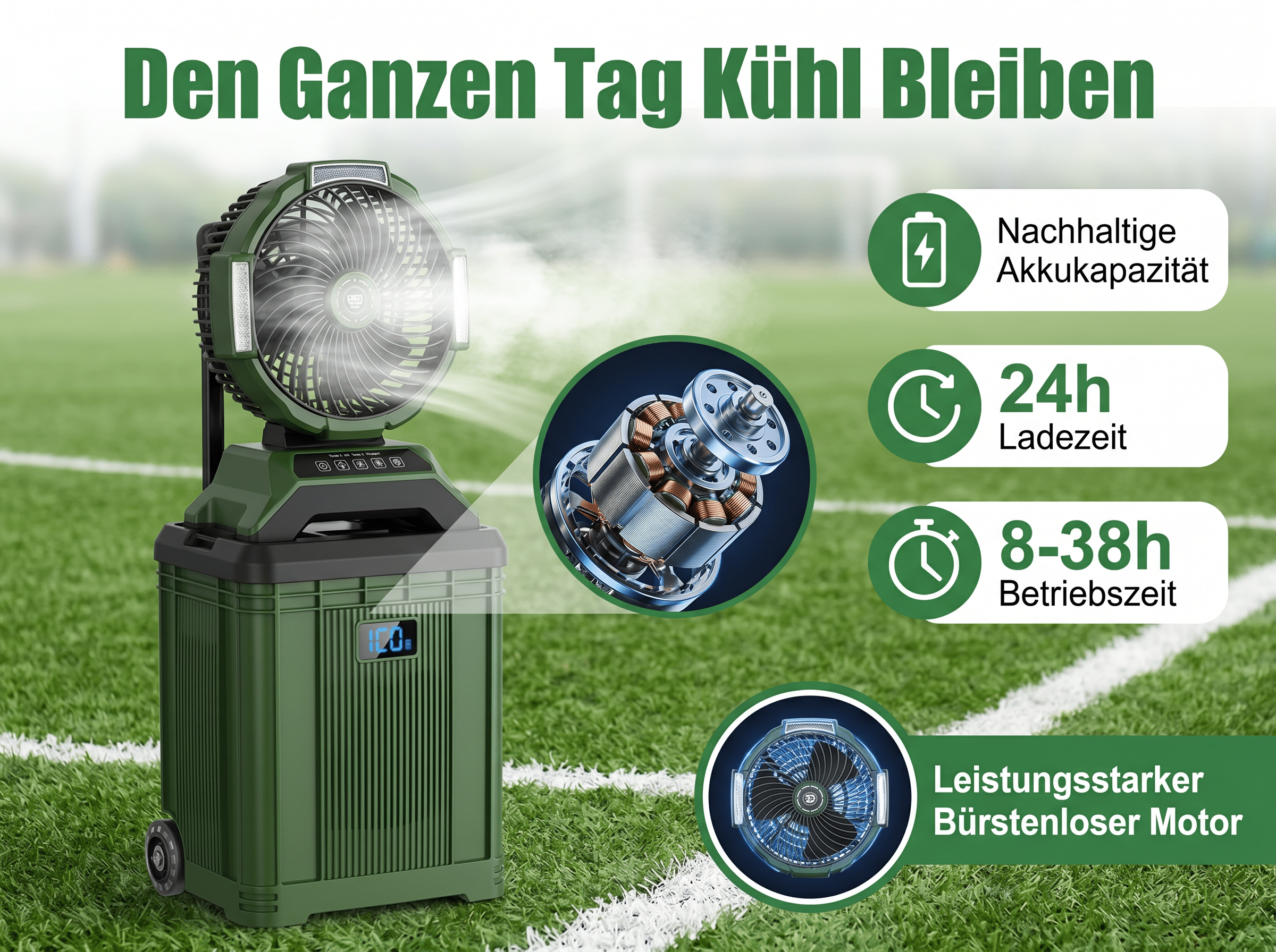 Ein grüner Ventilator mit Rädern auf einem Fußballfeld. Text über Akku, Ladezeit und Motor.