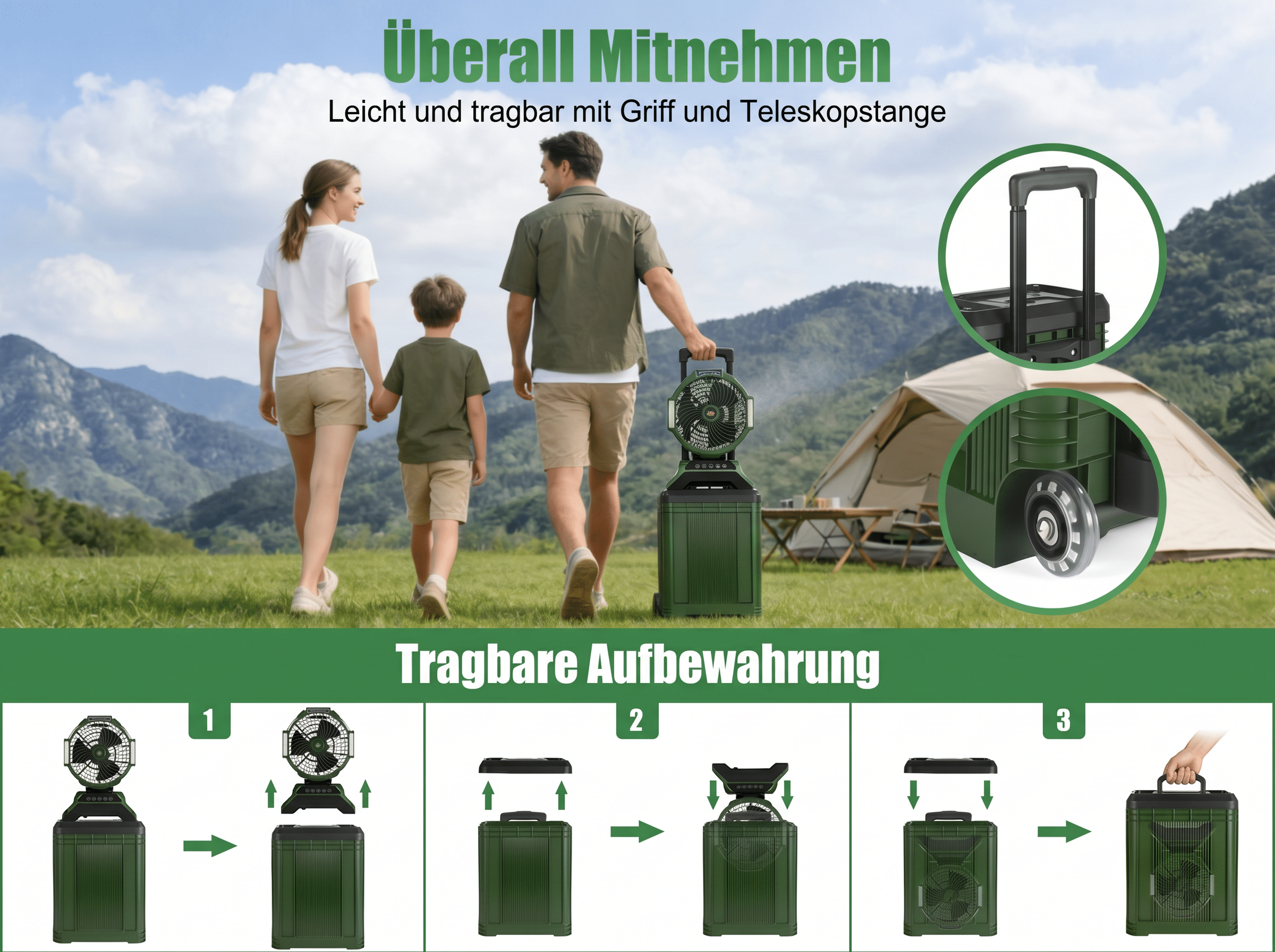 Familie im Freien mit tragbarem Ventilator und Aufbewahrung.