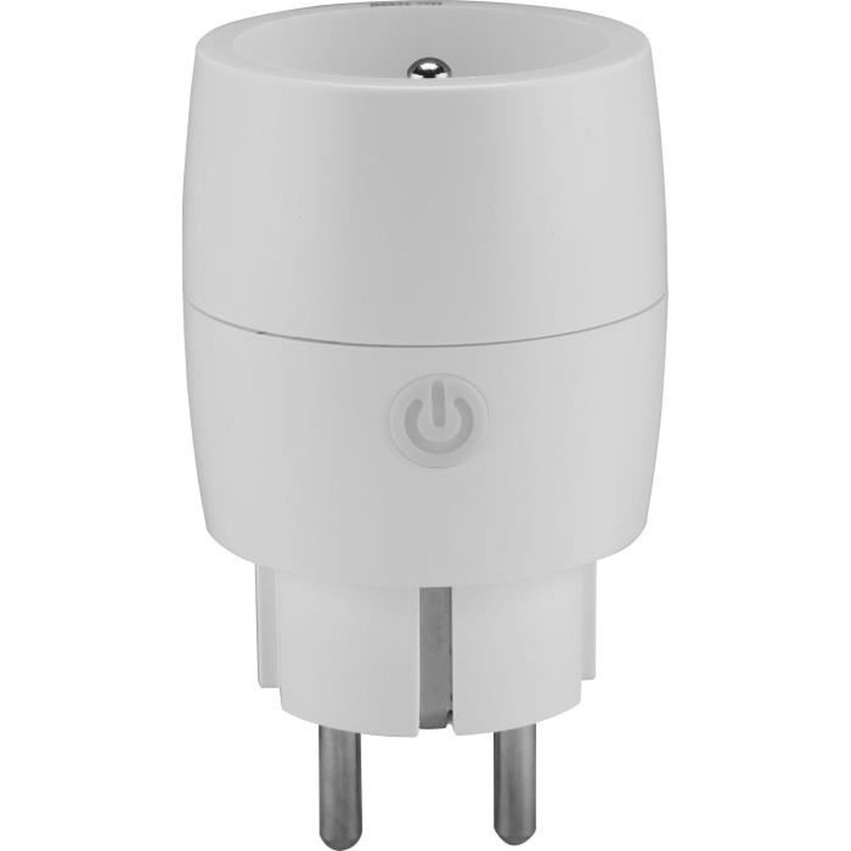 Ein weißer Smart-Stecker mit einem Ein/Aus-Symbol auf der Vorderseite.