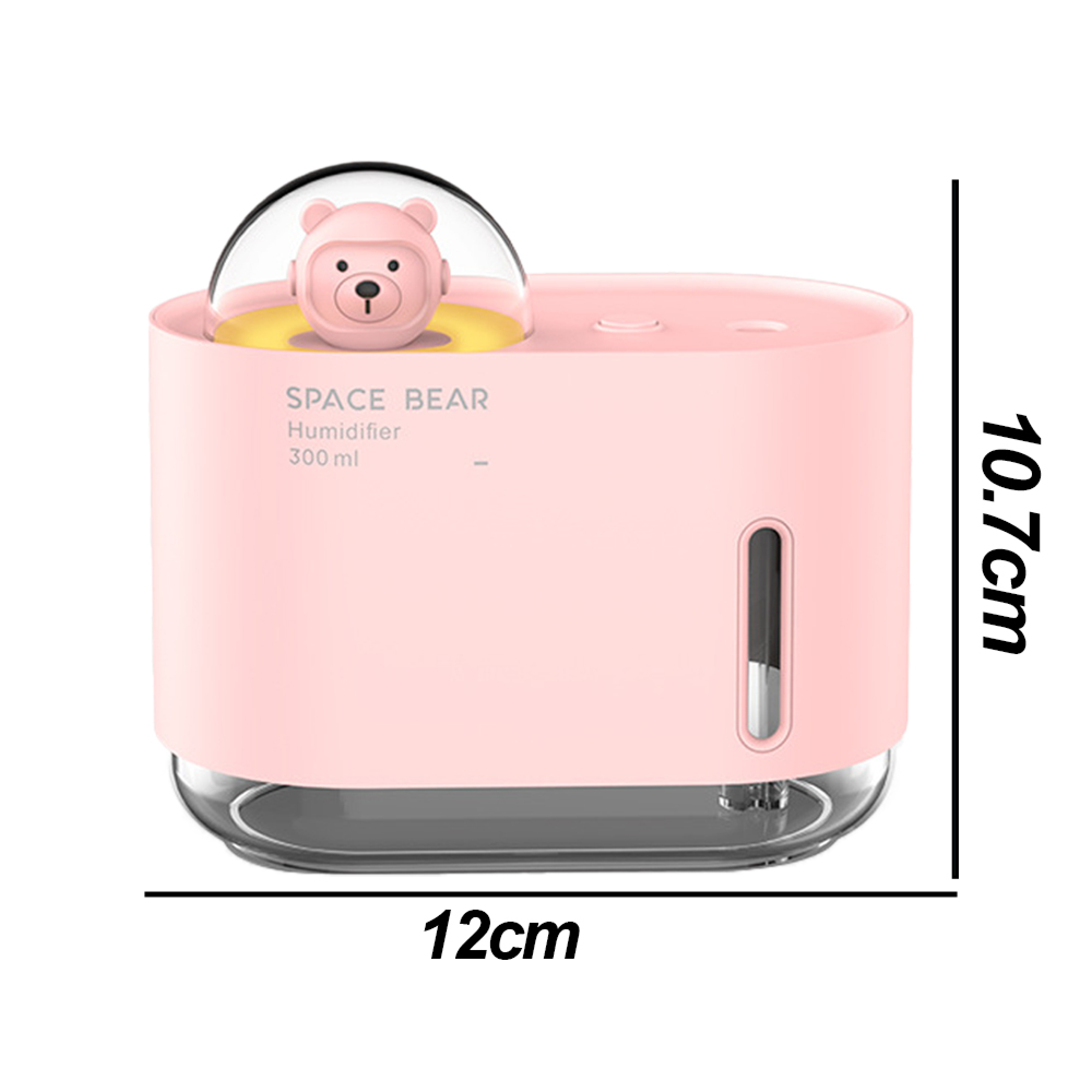 Ein rosa Luftbefeuchter in Bärenform mit transparentem Deckel und Wasserstandsanzeige.