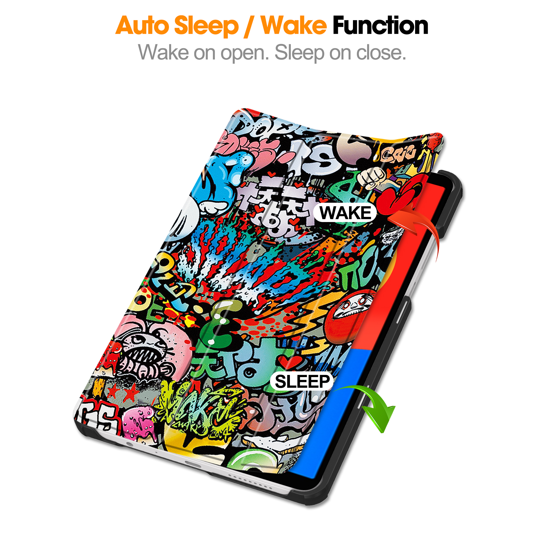 Ein Tablet-Cover mit Graffiti-Design, das die Auto-Sleep/Wake-Funktion zeigt.