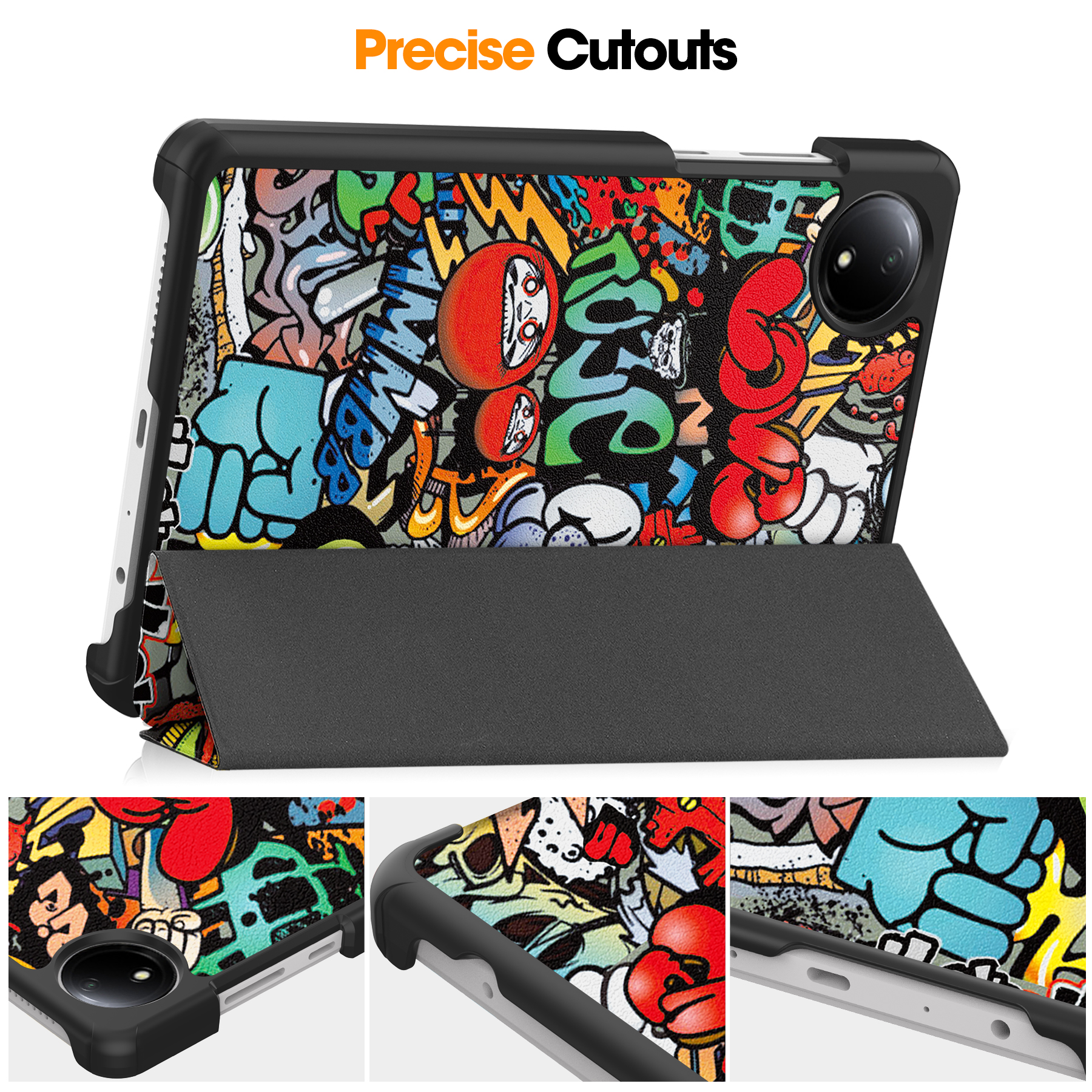 Ein Tablet-Ständer mit Graffiti-Design, aufgestellt auf einer weißen Fläche.