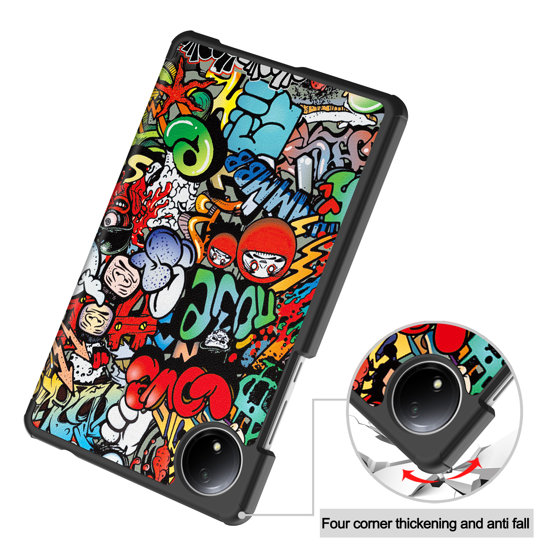 Ein schwarzes Smartphone-Case mit buntem Graffiti-Design und Kamerabeschreibung.