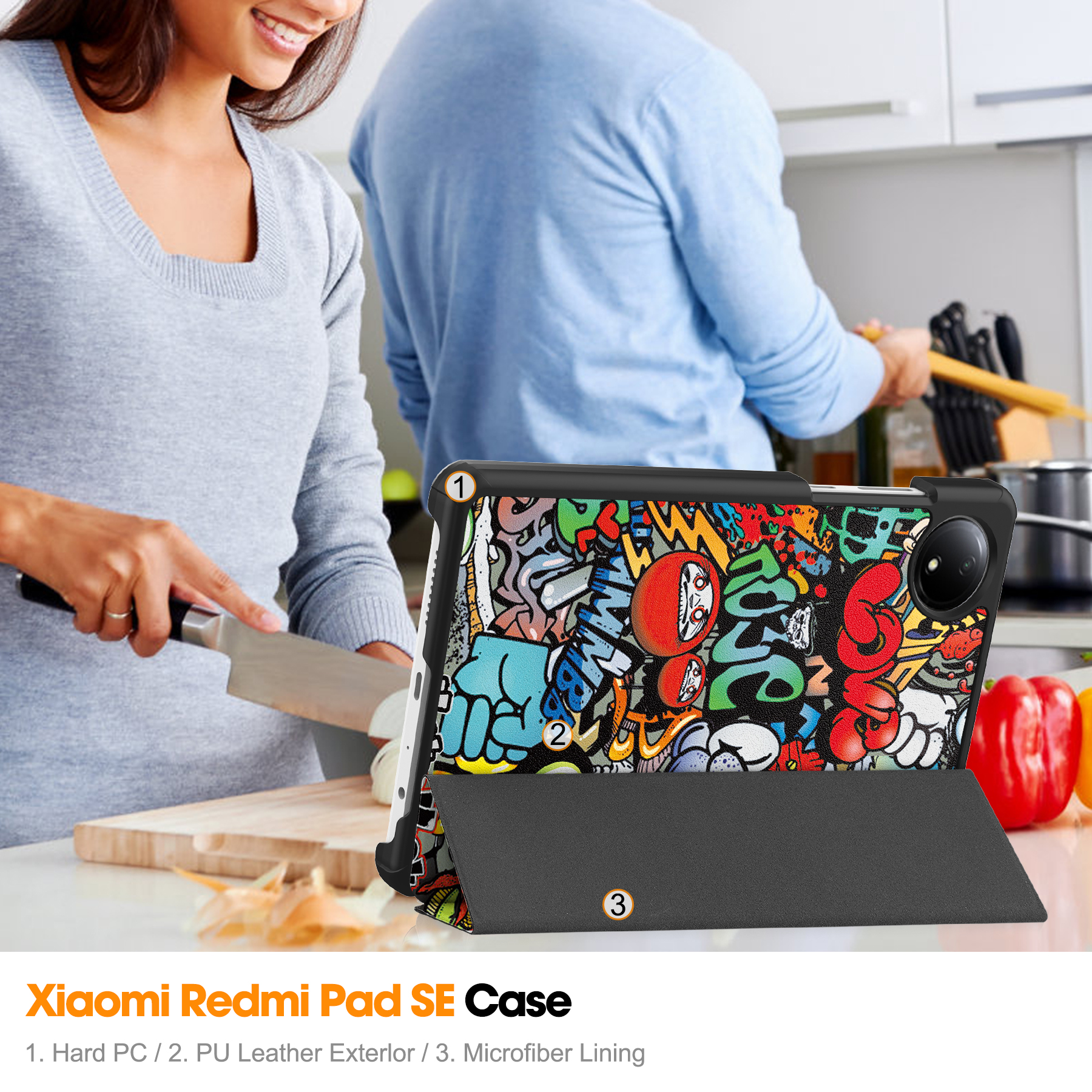 Tablet-Hülle mit Graffiti-Design steht vor Paprika in einer Küche.