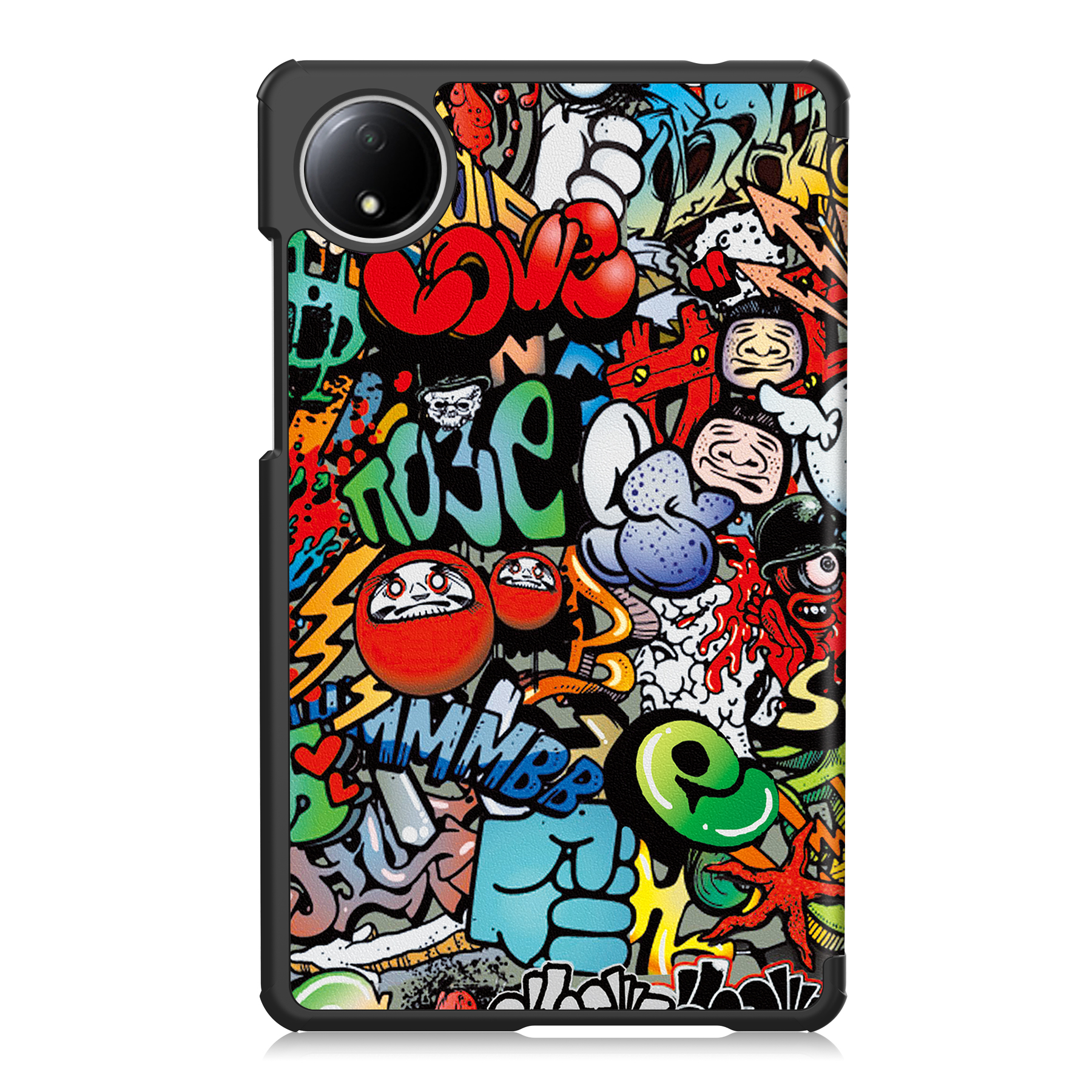 bunte Graffiti-Kunst mit Cartoon-Figuren und Schriftzügen auf einer Handyhülle.