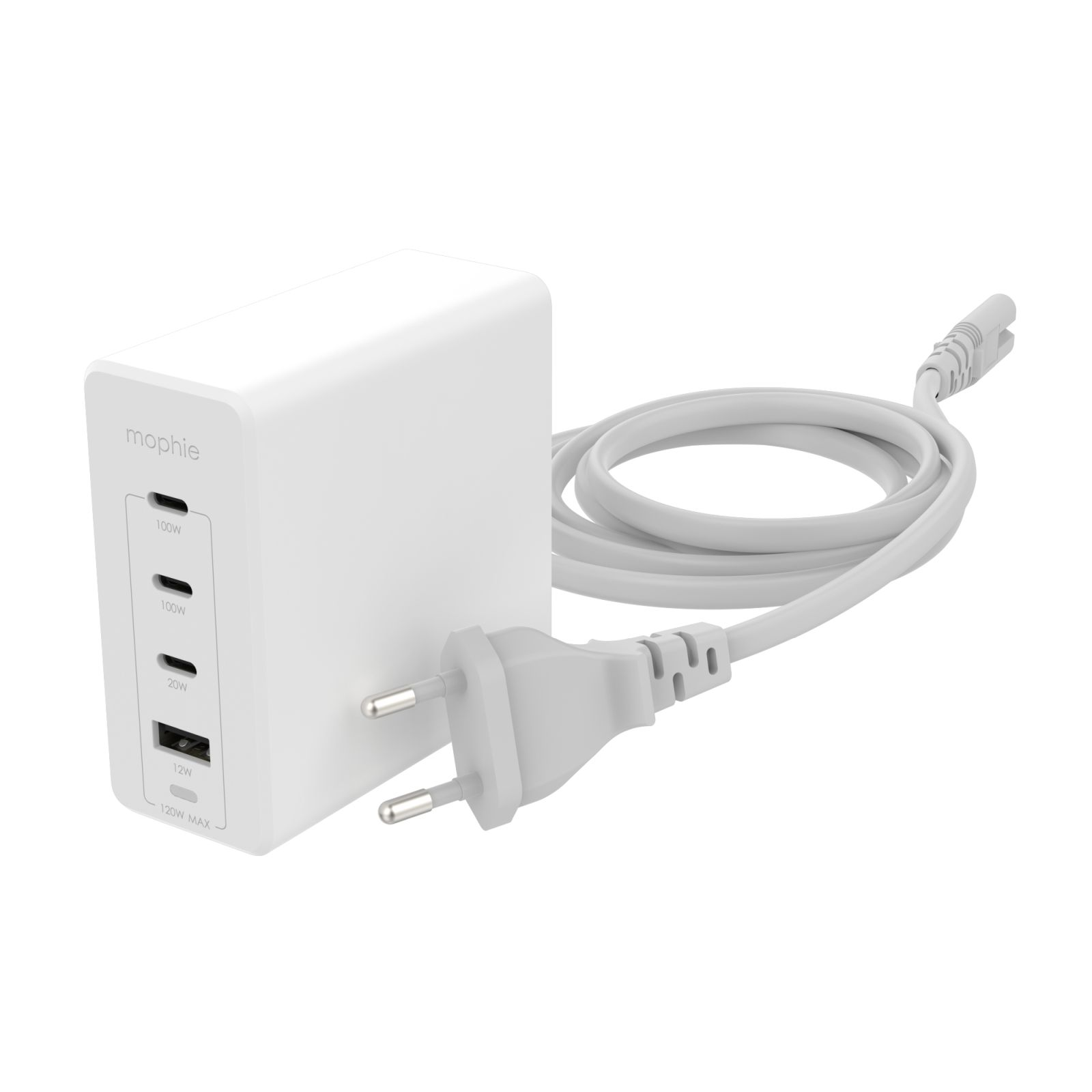Ein weißes Mophie Ladegerät mit vier USB-Anschlüssen und einem EU-Stecker.