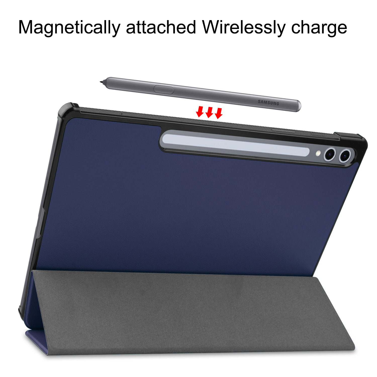 Un tablet con custodia blu e pennino che si attacca magneticamente.