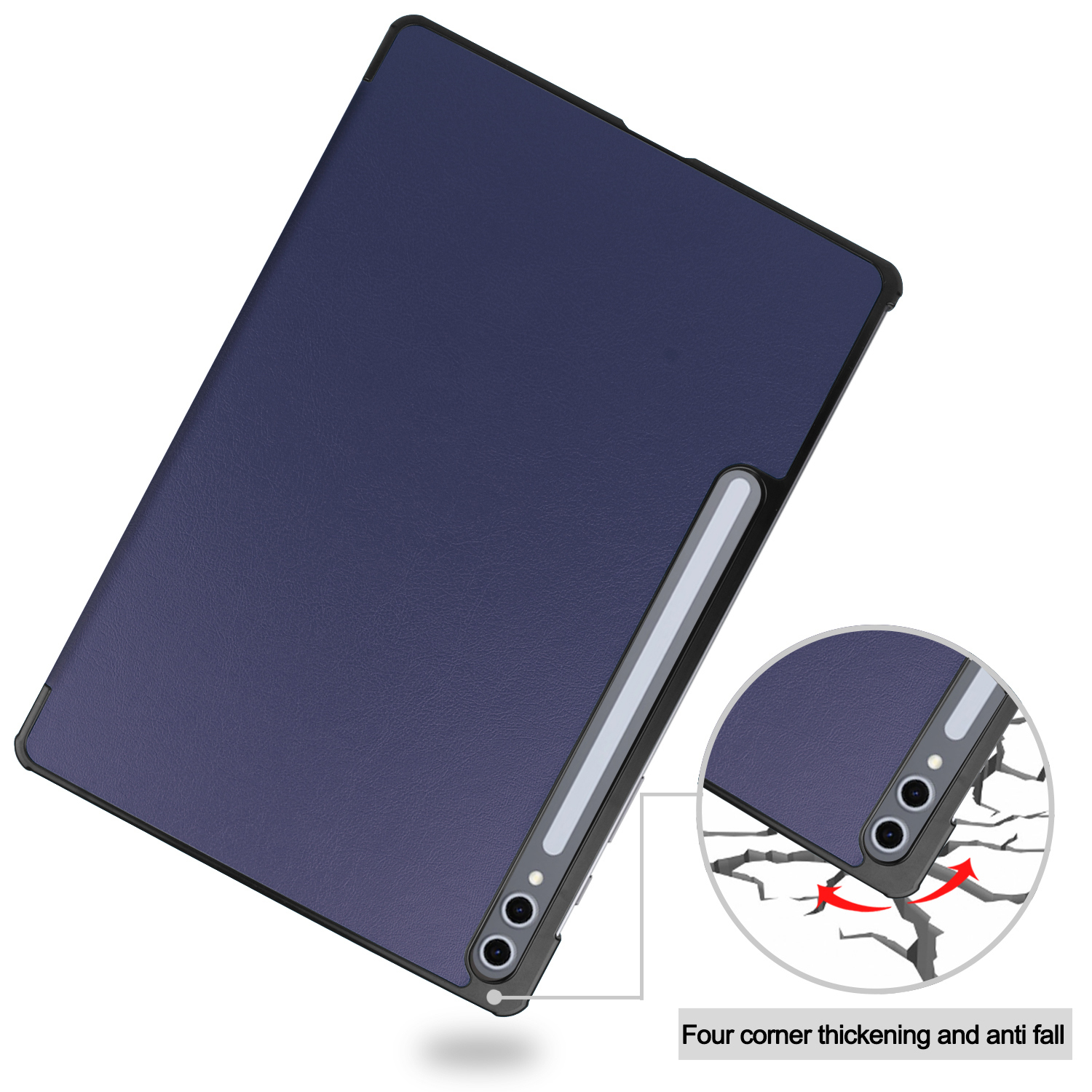 Custodia blu scuro per tablet con ritaglio fotocamera e dettaglio protezione.