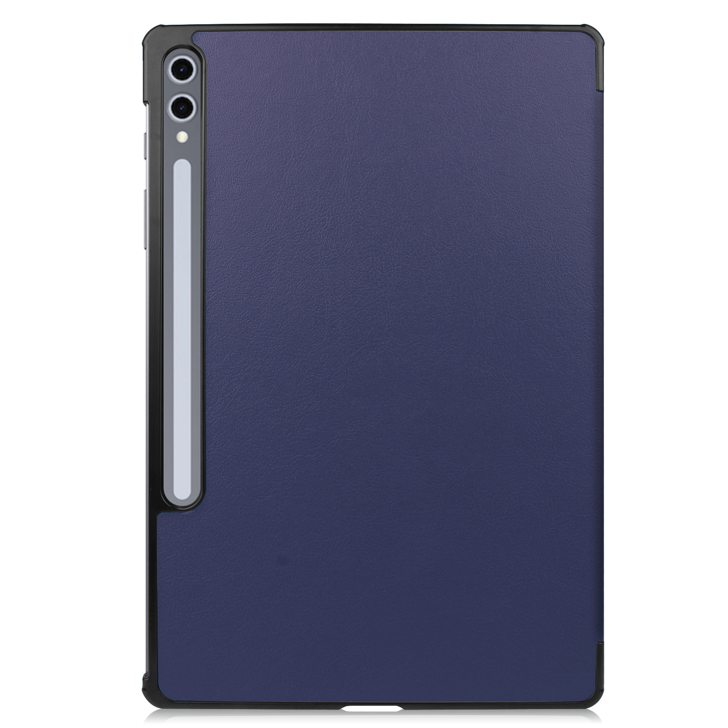 Custodia blu scuro per tablet con slot per stilo sul lato sinistro.