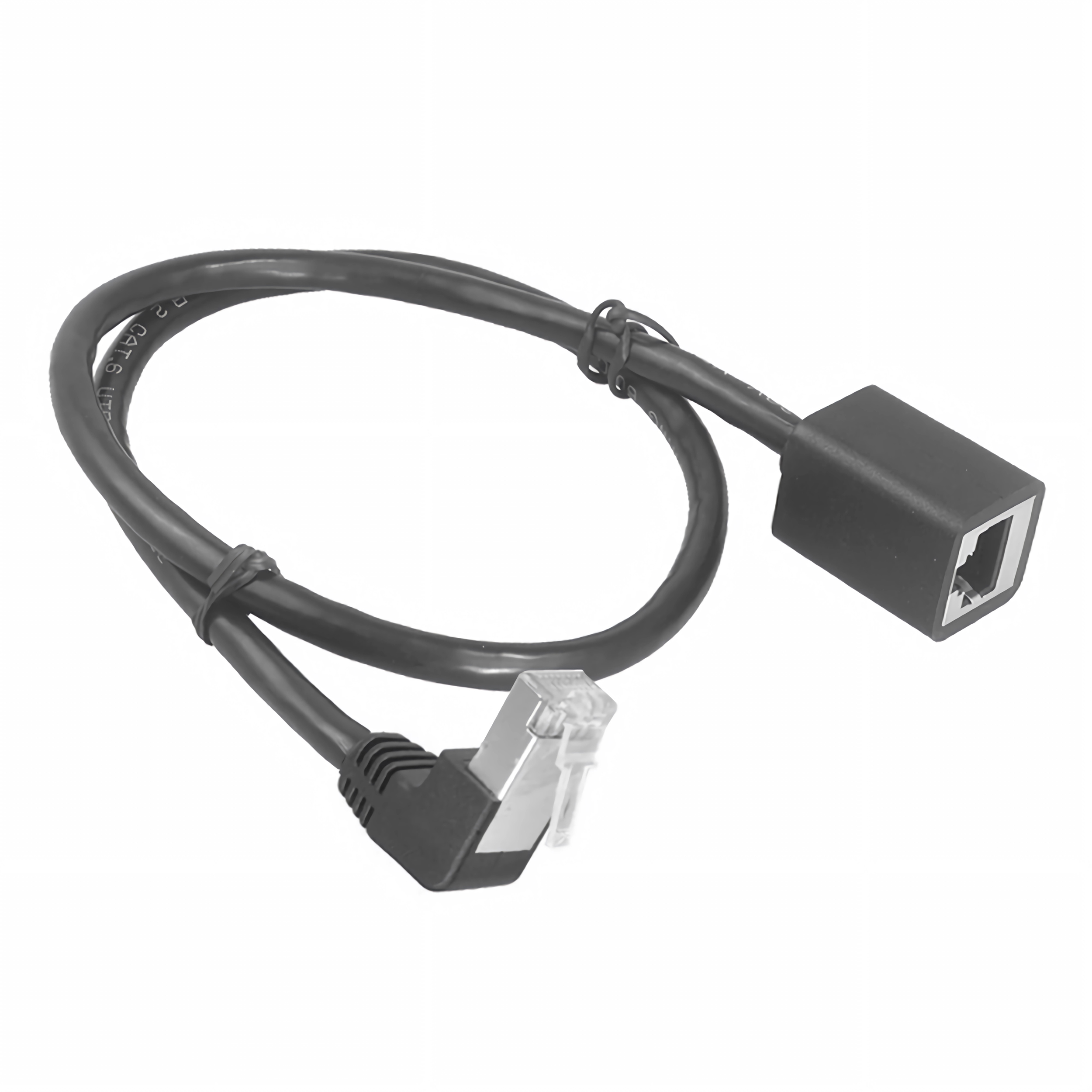 Ein schwarzes Ethernet-Kabel mit RJ45-Stecker und Buchse.